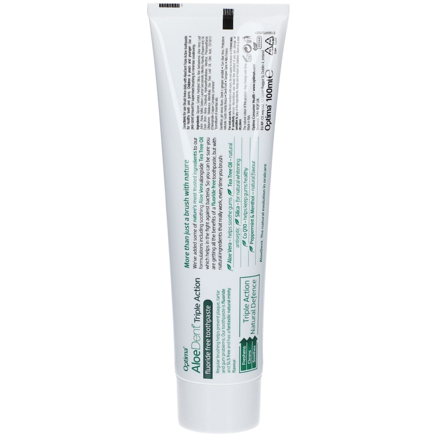 Dos du tube de dentifrice. Texte: AloeDent Triple Action, ingrédients, informations sur la marque.