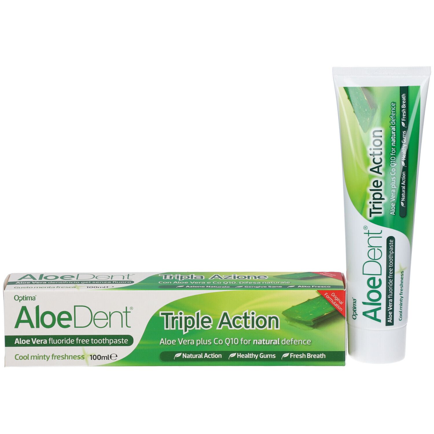 Tube et boîte de dentifrice. Texte: AloeDent Triple Action, Aloe Vera, Cool Minty Freshness.