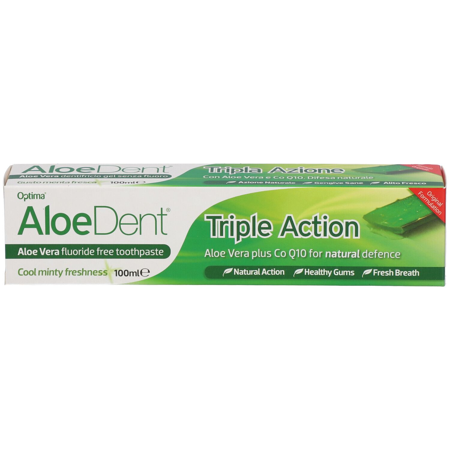 Boîte de dentifrice, vert et blanc. Texte: AloeDent Triple Action, Aloe Vera, Cool Minty Freshness.