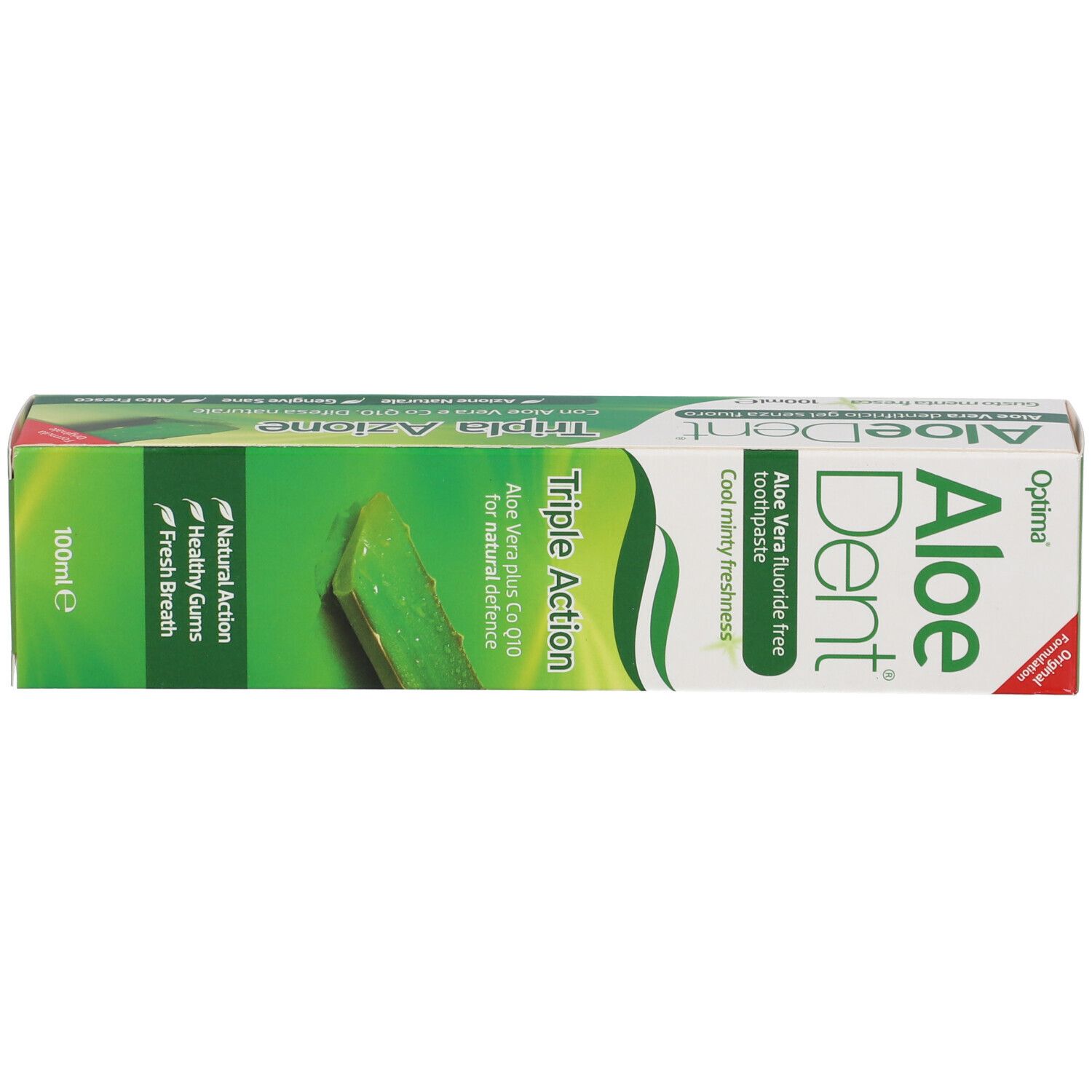 Boîte de dentifrice. Texte: AloeDent Triple Action, Aloe Vera, Cool Minty Freshness.