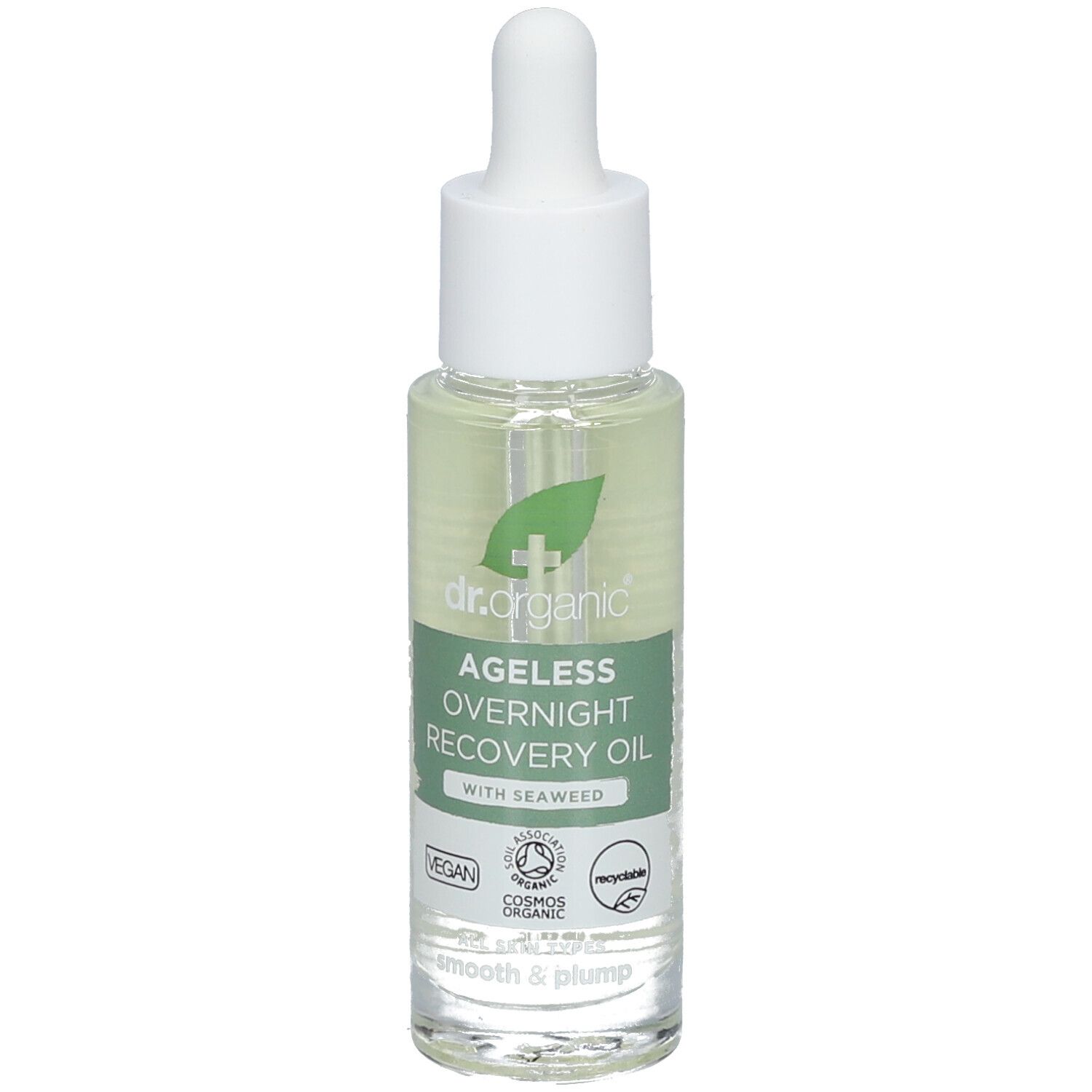 Klarflüssiges Öl in einer Glasflasche mit Pipette. Aufschrift: Ageless Overnight Recovery Oil mit Seaweed. Vegan.