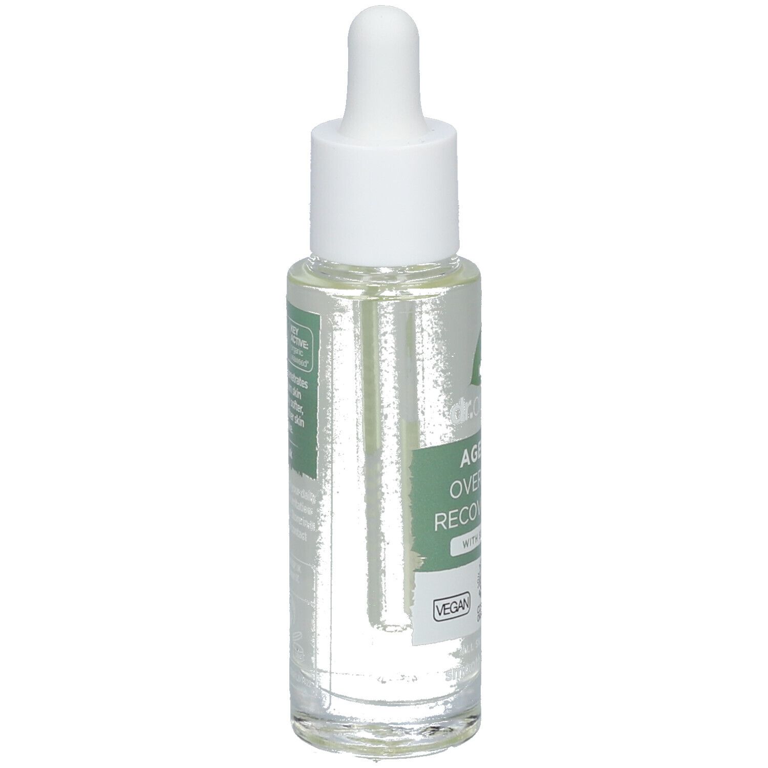 Glasflasche mit klarer Flüssigkeit und Pipette. Aufschrift: Ageless Overnight Recovery Oil mit Seaweed. Vegan.