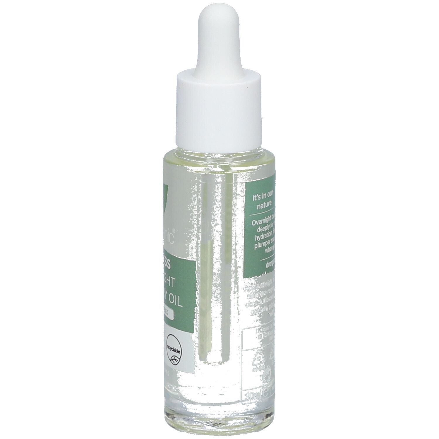 Glasflasche mit klarer Flüssigkeit und Pipette. Aufschrift: Ageless Overnight Recovery Oil mit Seaweed. Vegan.