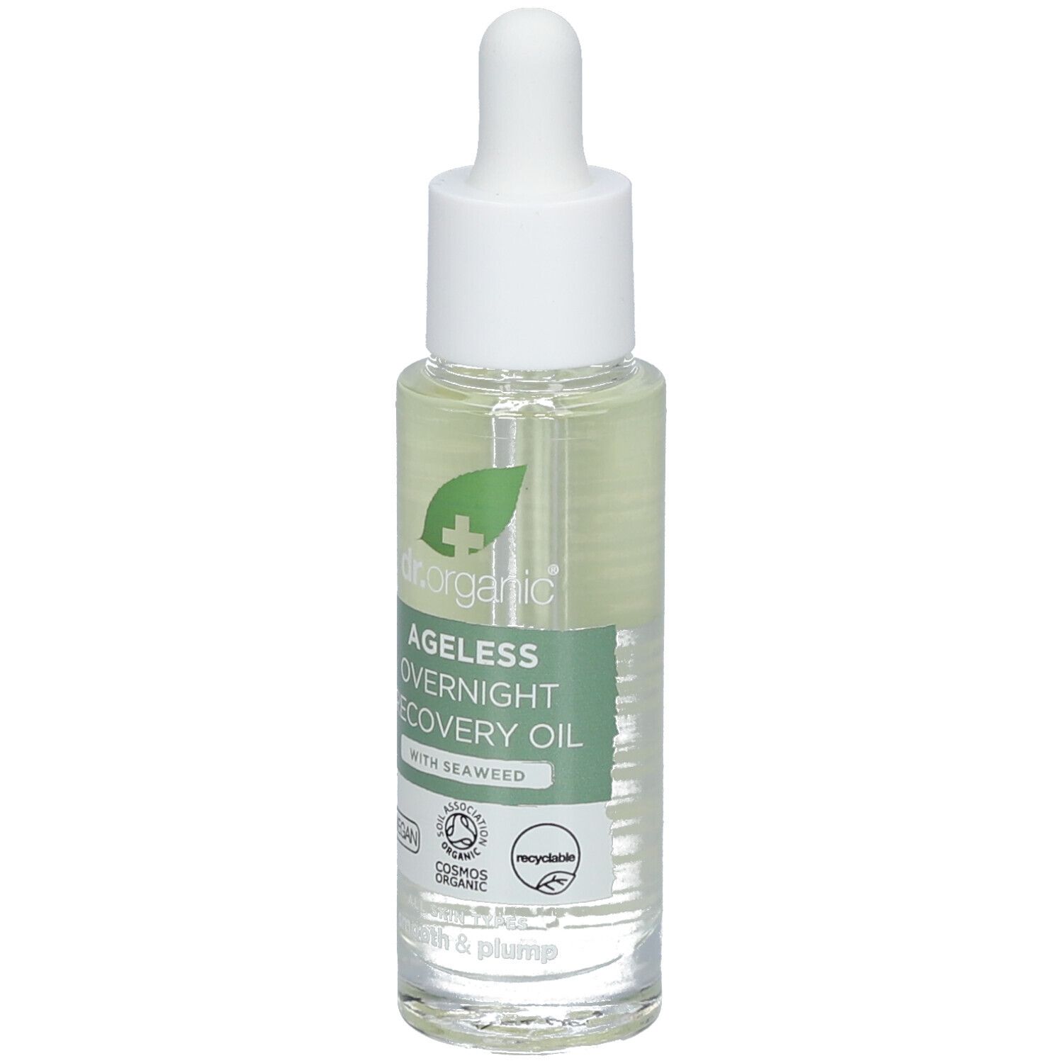 Glasflasche mit klarer Flüssigkeit und Pipette. Aufschrift: Ageless Overnight Recovery Oil mit Seaweed. Vegan.