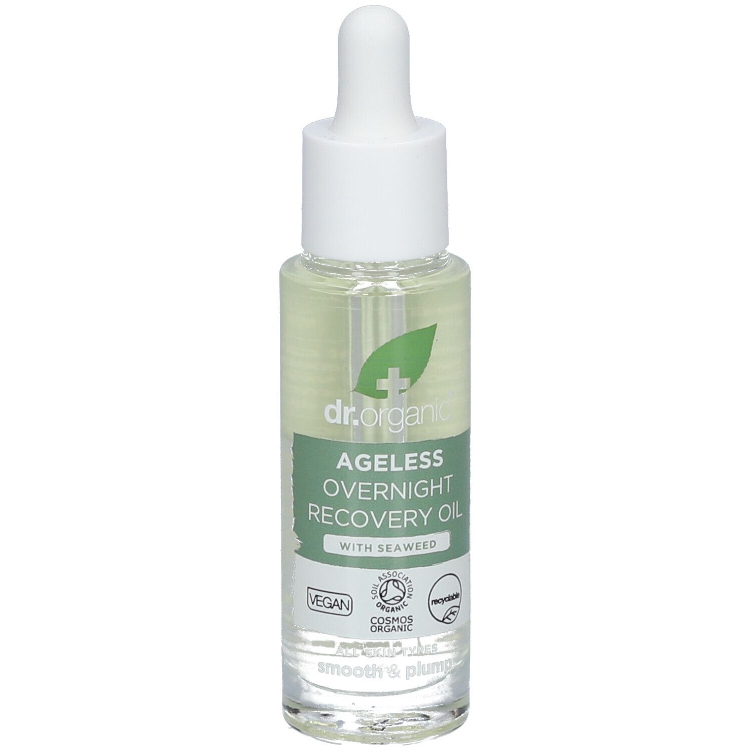 Glasflasche mit klarer Flüssigkeit und Pipette. Aufschrift: Ageless Overnight Recovery Oil mit Seaweed. Vegan.