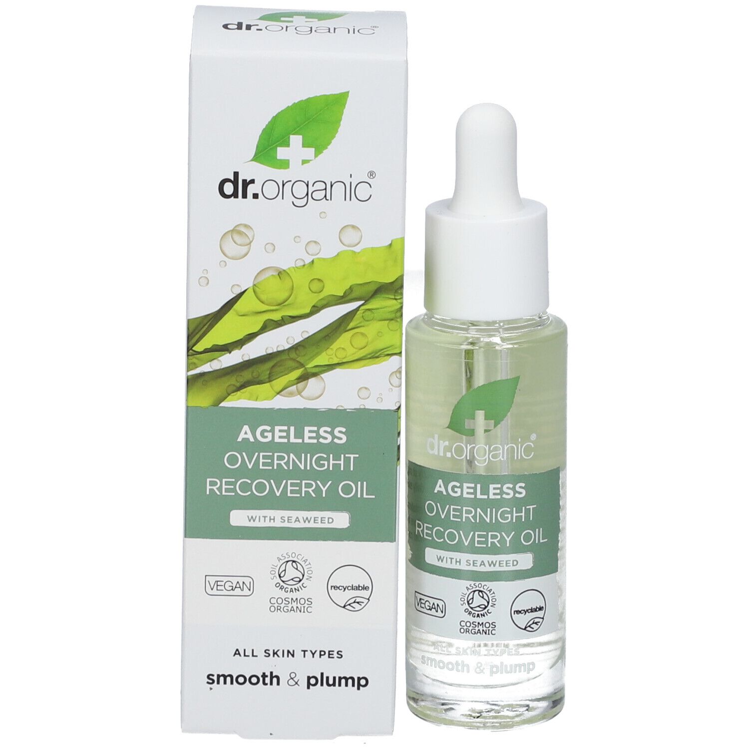 Produktverpackung und Flasche. Aufschrift: Ageless Overnight Recovery Oil mit Seaweed. Vegan. Alle Hauttypen. Smooth & Plump.