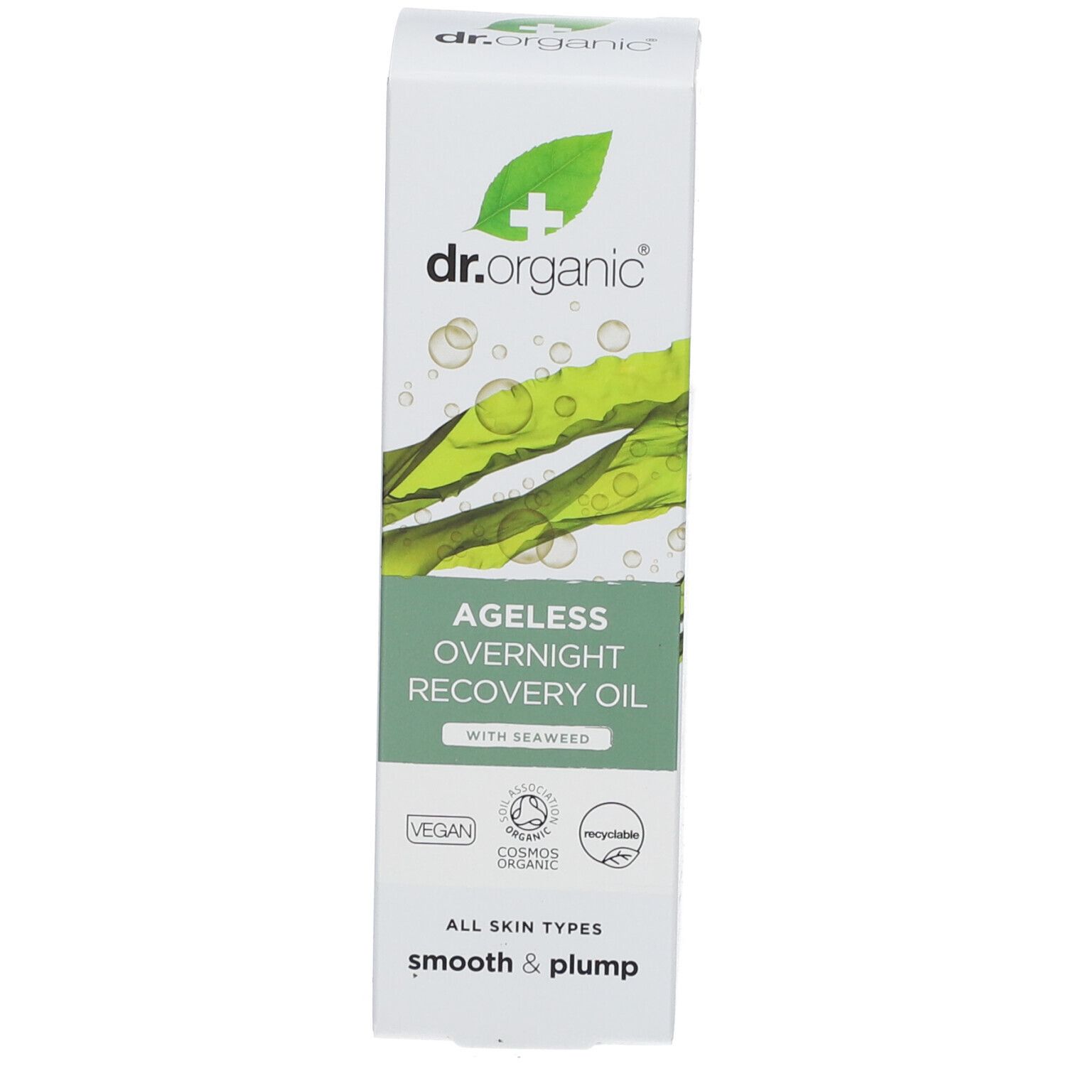 Produktverpackung. Aufschrift: Ageless Overnight Recovery Oil mit Seaweed. Vegan. Alle Hauttypen. Smooth & Plump.