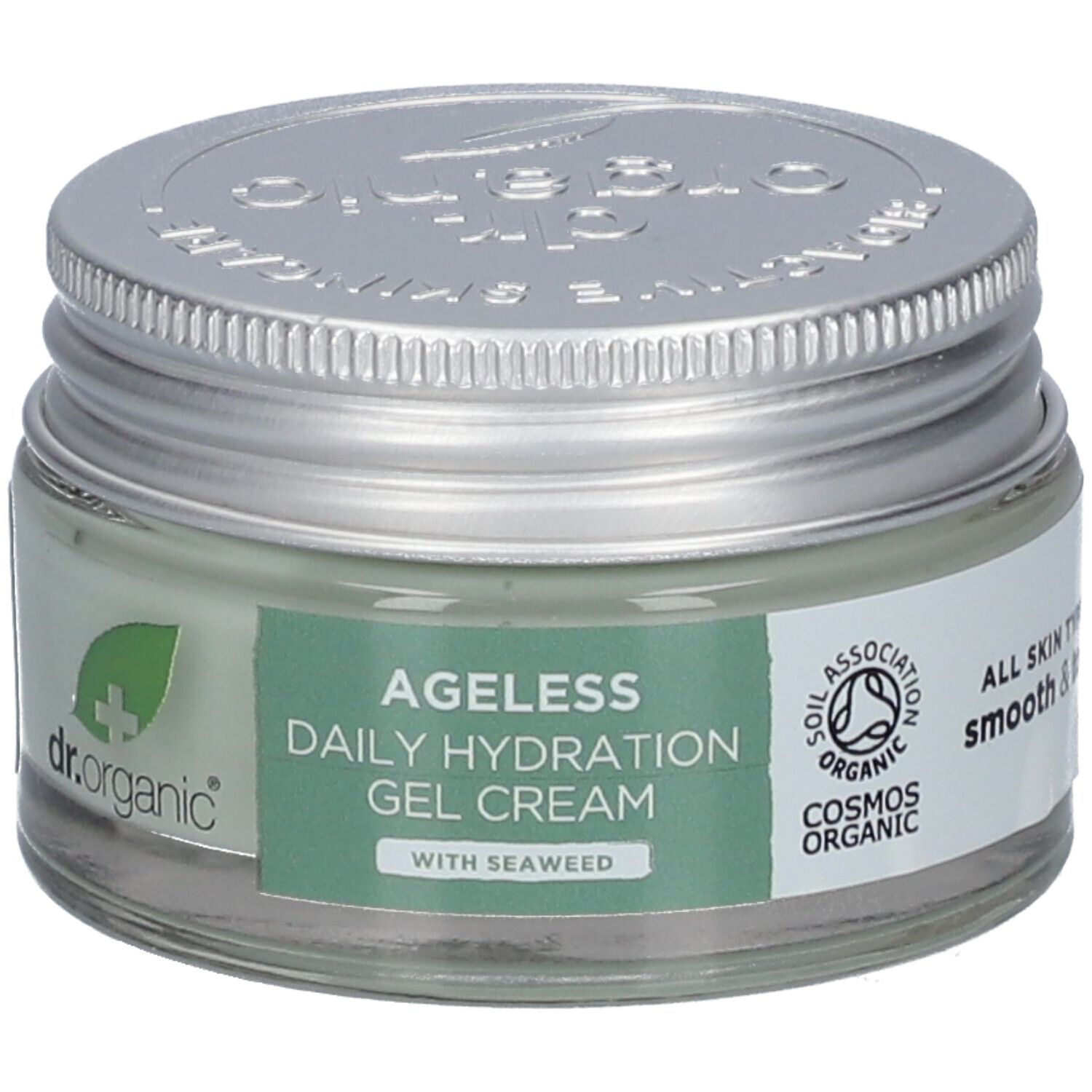 Glasbehälter mit silbernem Deckel. Aufschrift: Ageless Daily Hydration Gel Cream. Mit Meeresalgen. Cosmos Organic-Zertifizierung.