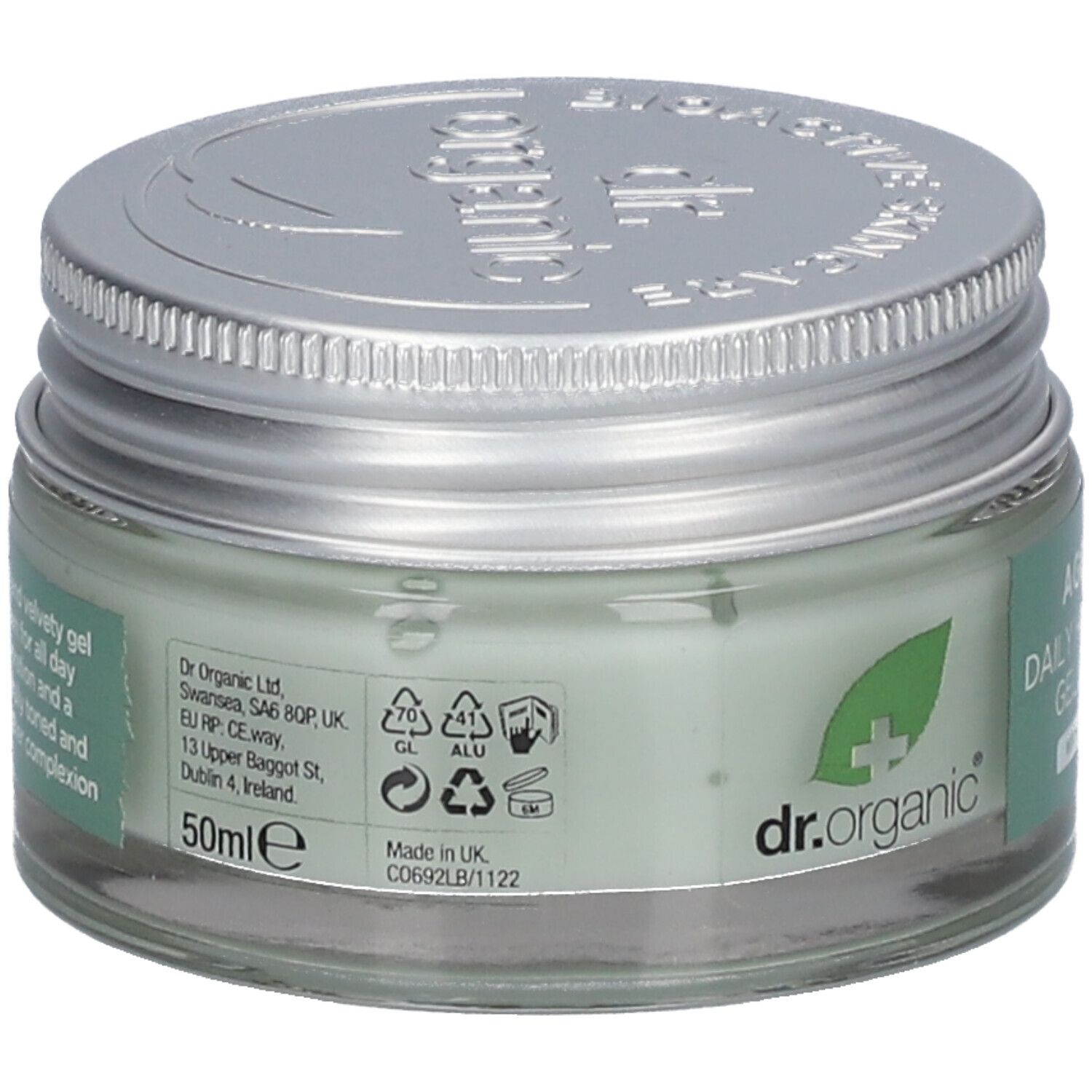 Glasbehälter mit silbernem Deckel. Aufschrift: Ageless Daily Hydration Gel Cream. Mit Meeresalgen. 50ml. Recycling-Symbole.