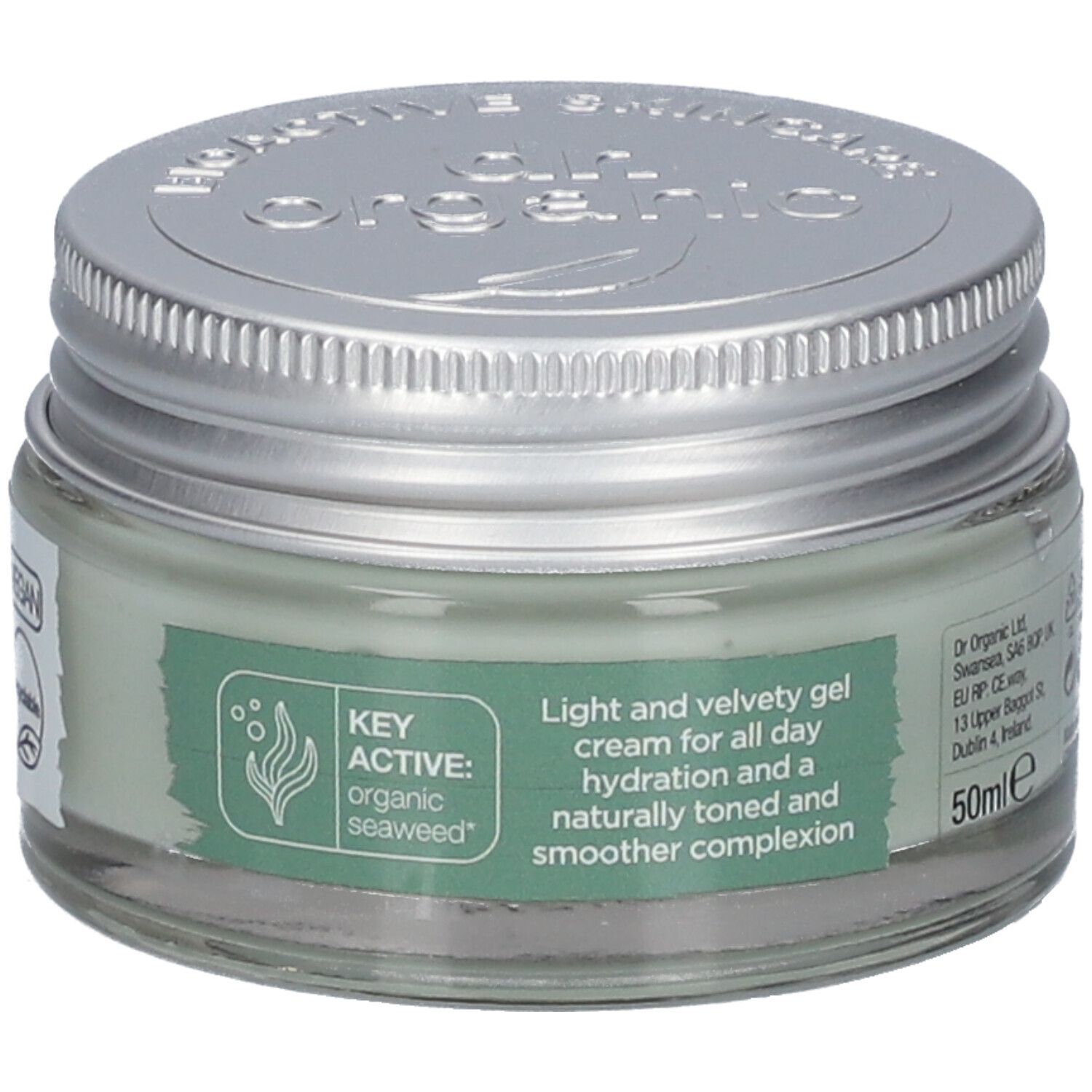 Glasbehälter mit silbernem Deckel. Aufschrift: Key Active: organic seaweed. 50ml. Text: Light and velvety gel cream for all day hydration.