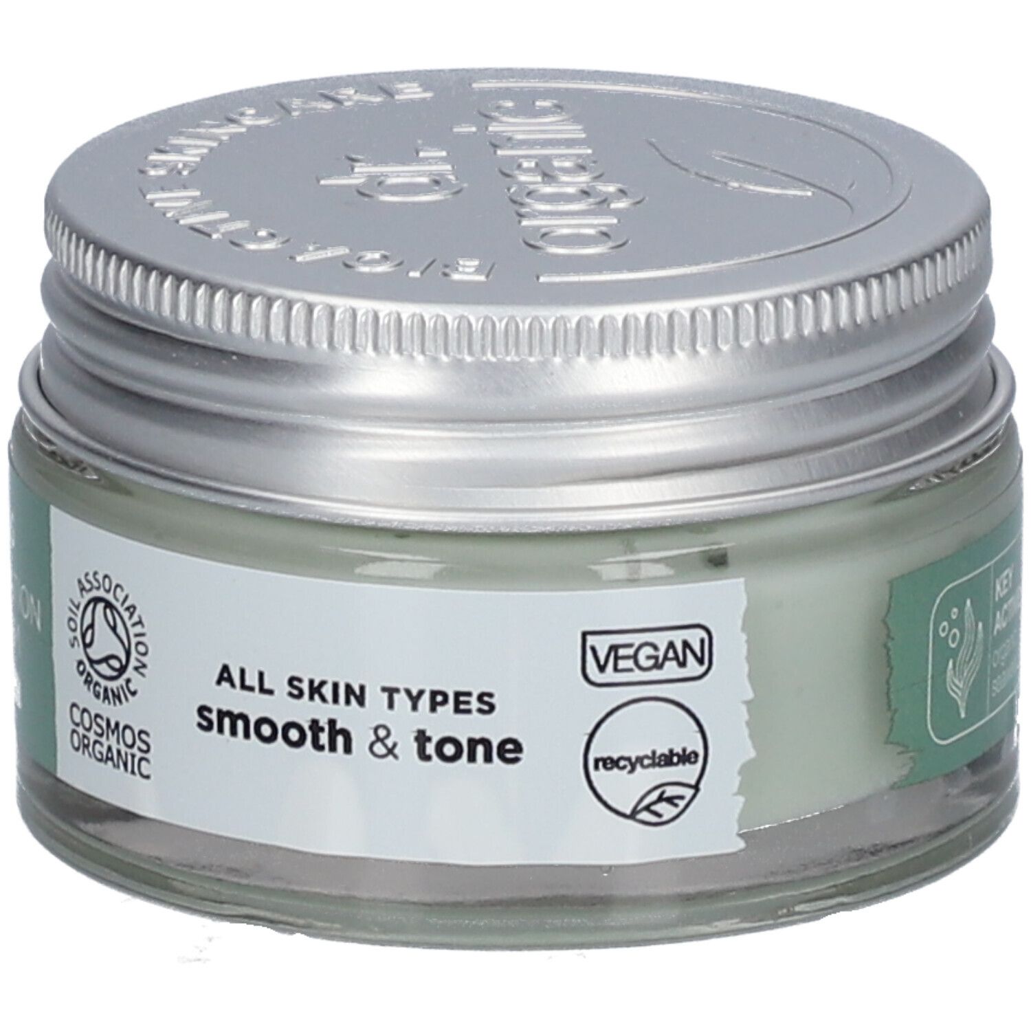 Glasbehälter mit silbernem Deckel. Aufschrift: Ageless Daily Hydration Gel Cream. Vegan. Recycelbar. Cosmos Organic-Zertifizierung.