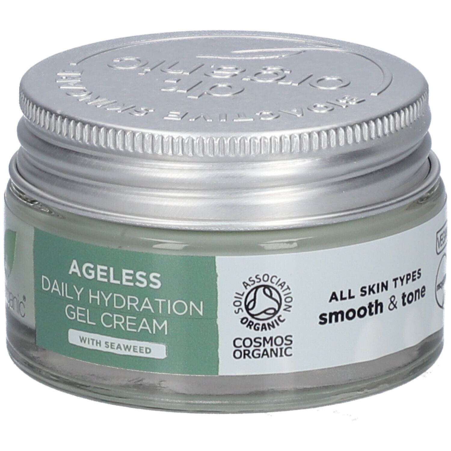 Glasbehälter mit silbernem Deckel. Aufschrift: Ageless Daily Hydration Gel Cream. Mit Meeresalgen. Cosmos Organic-Zertifizierung.
