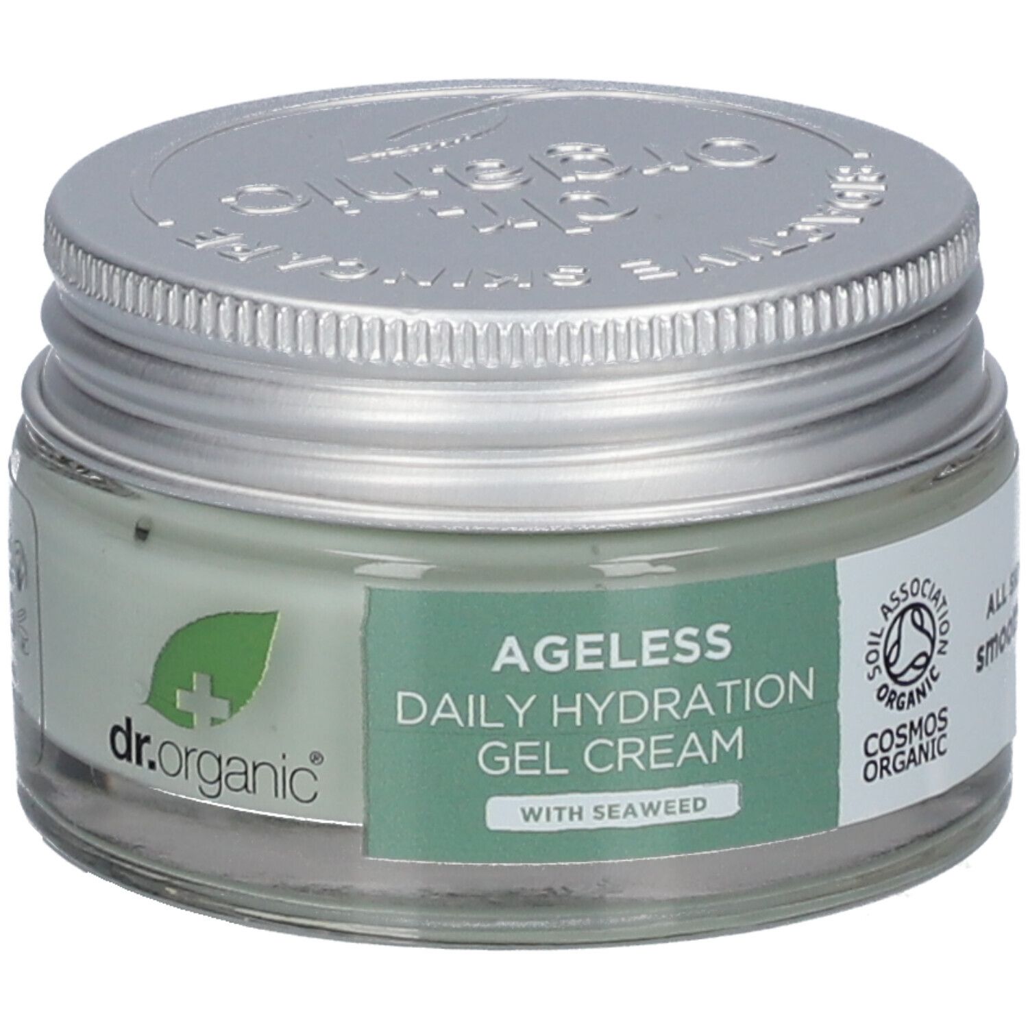 Glasbehälter mit silbernem Deckel. Aufschrift: Ageless Daily Hydration Gel Cream. Mit Meeresalgen. Cosmos Organic-Zertifizierung.
