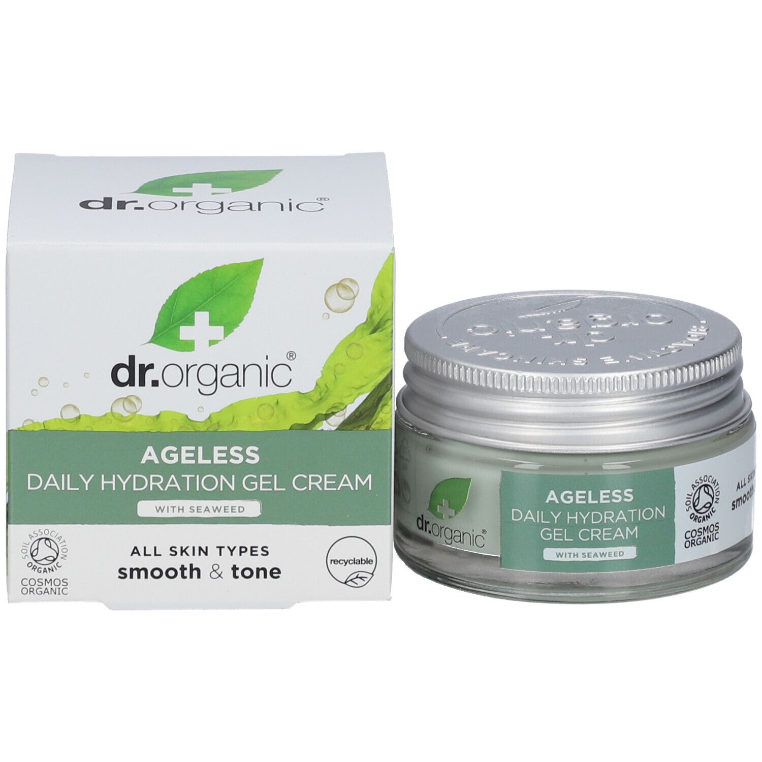 Produktverpackung und Glasbehälter. Aufschrift: Ageless Daily Hydration Gel Cream. Mit Meeresalgen. Cosmos Organic-Zertifizierung.
