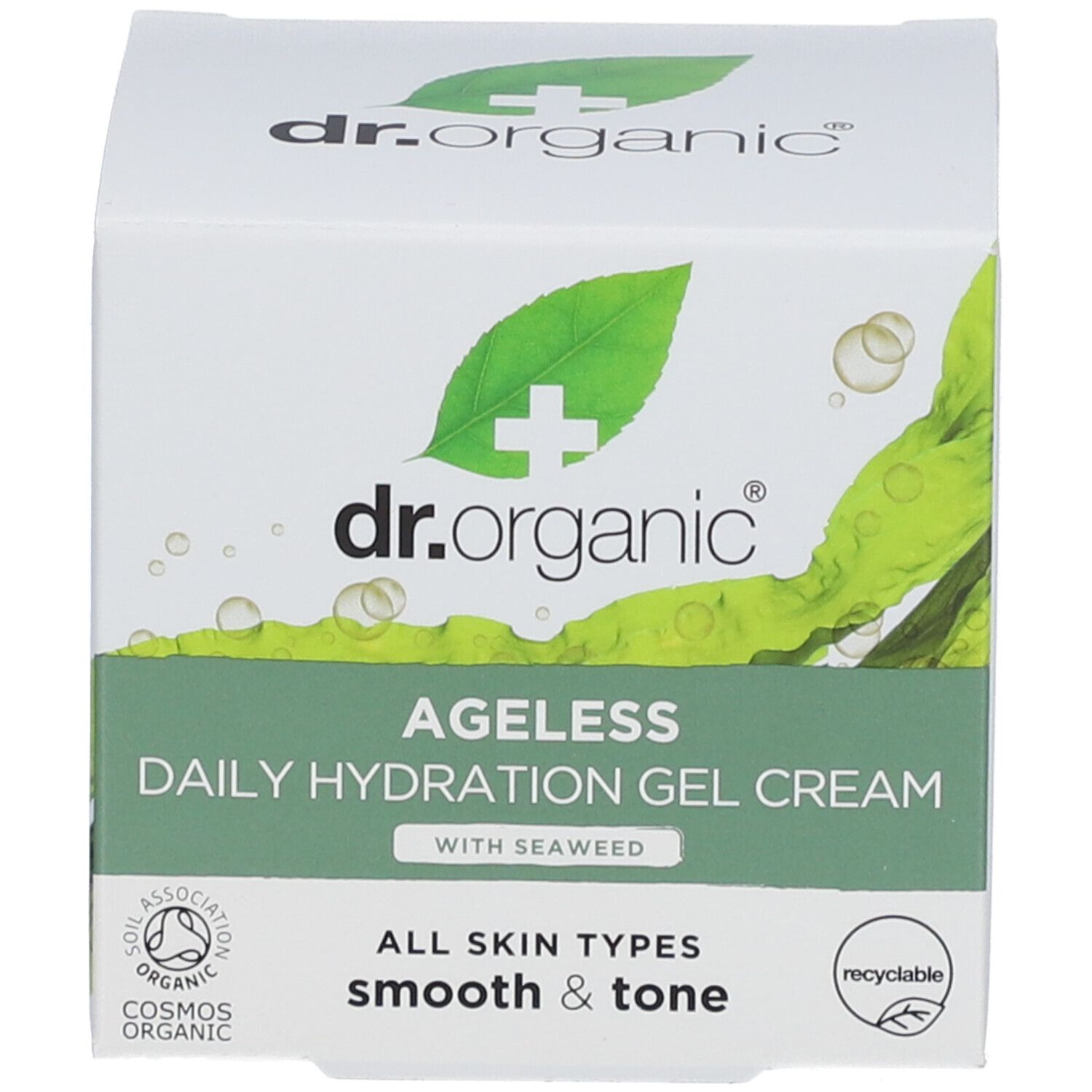 Produktverpackung. Aufschrift: Ageless Daily Hydration Gel Cream. Mit Meeresalgen. Cosmos Organic-Zertifizierung. Recycelbar.