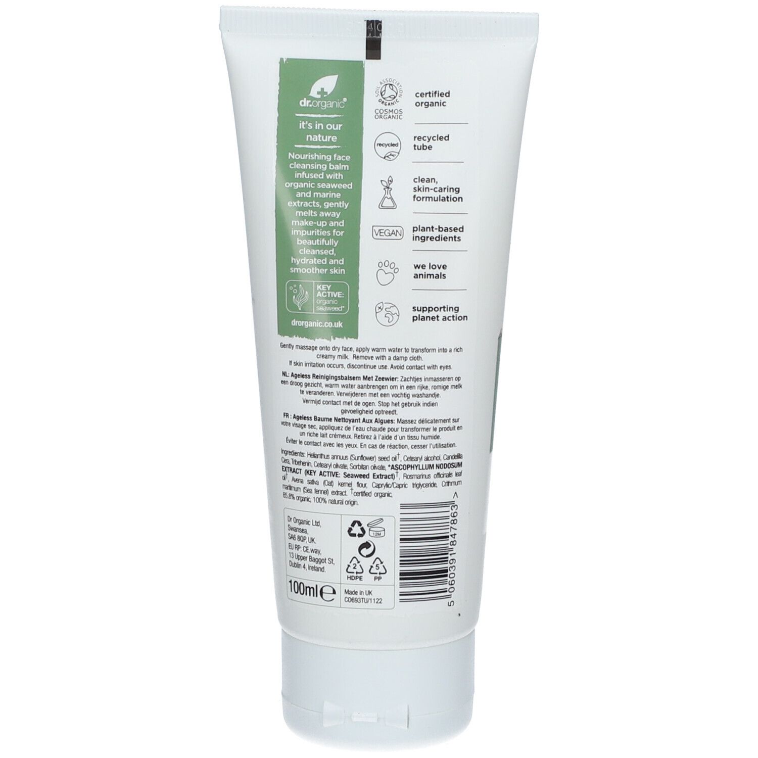 Dos du tube avec texte, logos et certifications. Contient des informations sur les ingrédients et le recyclage.