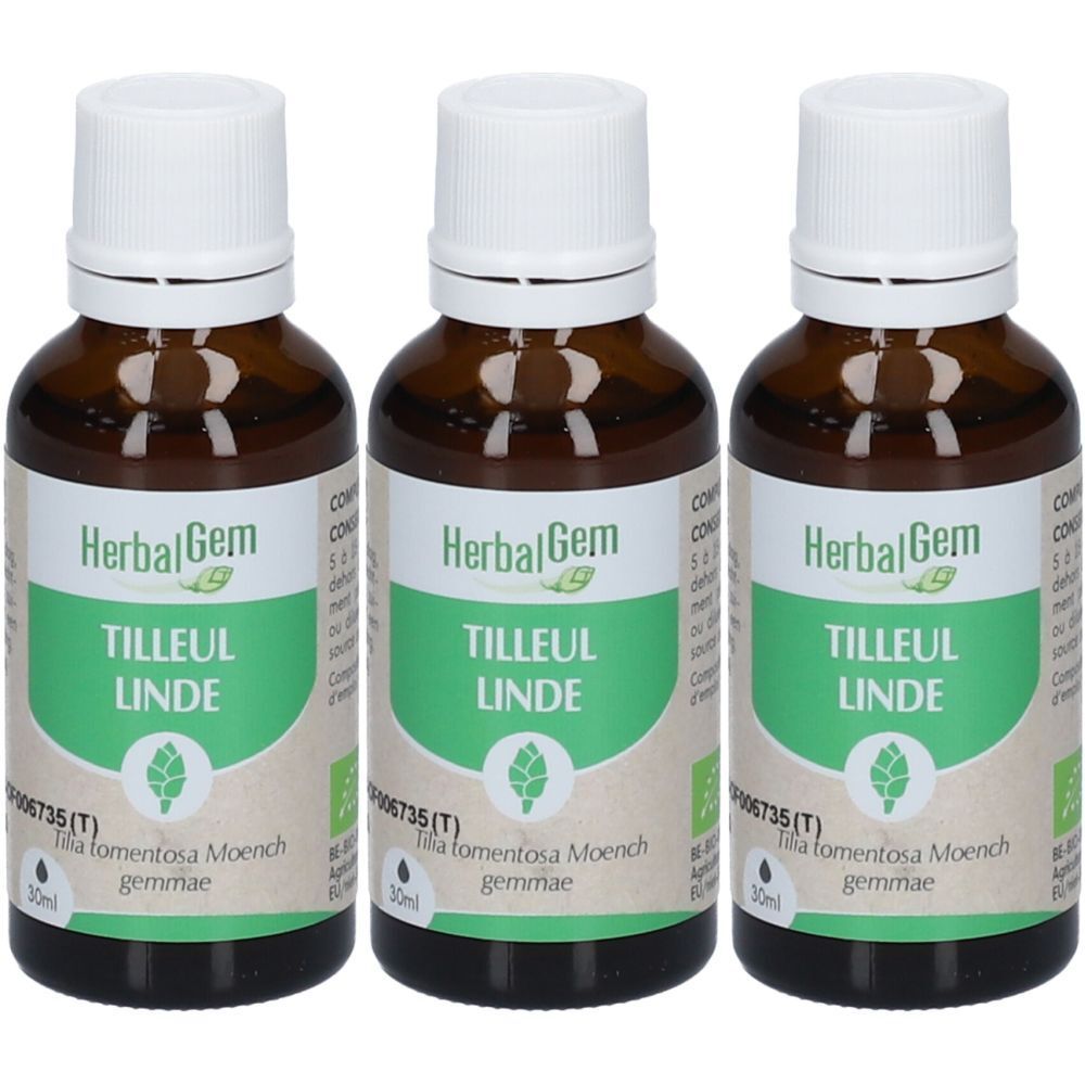 Trois flacons en verre brun avec bouchons blancs. Étiquettes : "HerbalGem TILLEUL LINDE".