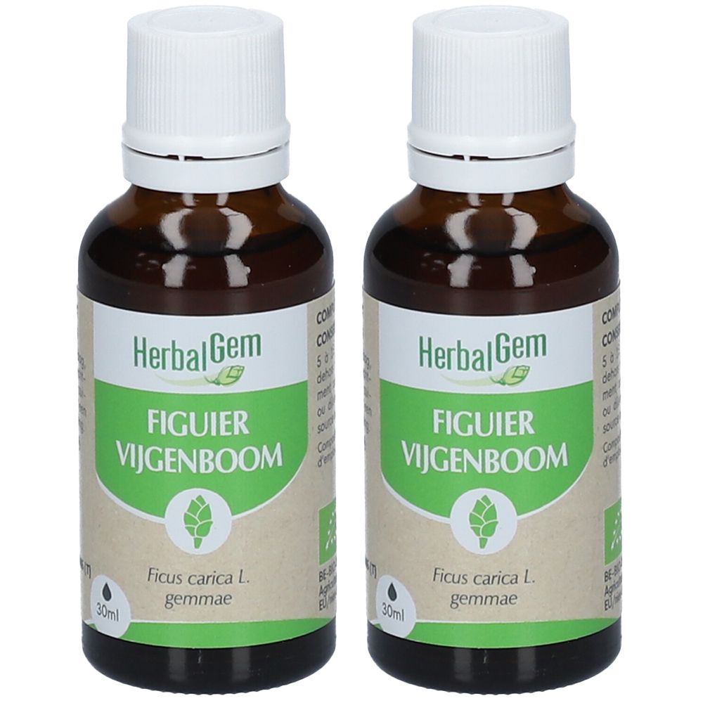 Deux flacons en verre brun avec bouchon blanc. Étiquette "HerbalGem", "Figuier Vijgenboom" et label bio.
