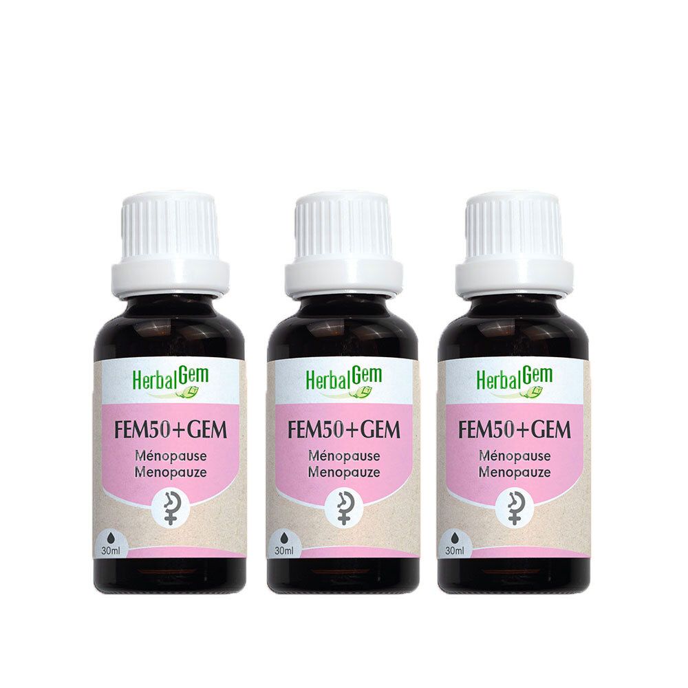 Drie flessen met witte doppen. Etiket met HerbalGem, FEM50+GEM, Ménopause. Onderaan staat 30ml.
