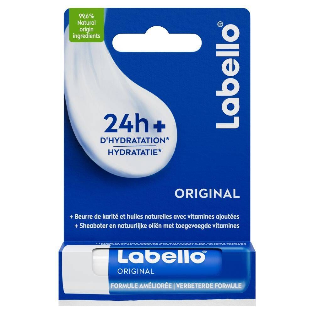 Labello Original en emballage blister. Emballage bleu avec image du produit et texte.