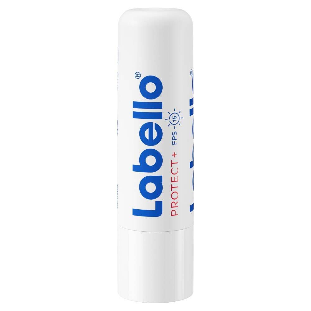 Stick de soin pour les lèvres blanc avec logo Labello bleu et indication SPF 15.