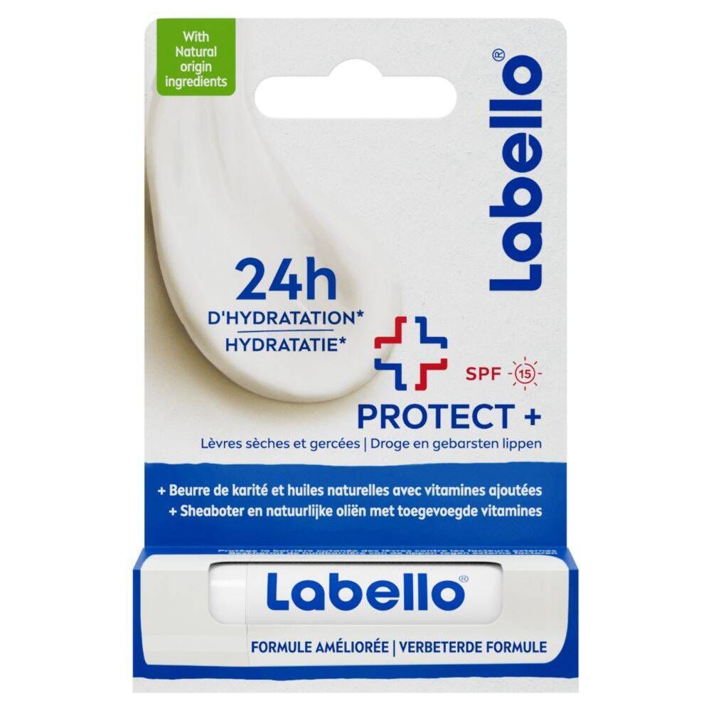 Emballage avec soin des lèvres Labello Protect+, 24h d'hydratation, SPF 15.