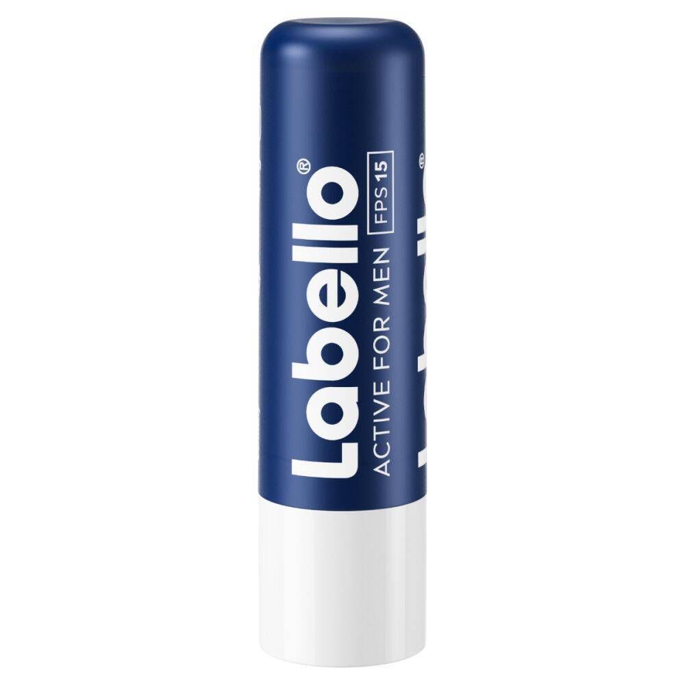 Stick Labello Active for Men SPF15. Tube bleue et blanche. Inscription et SPF15 visibles.