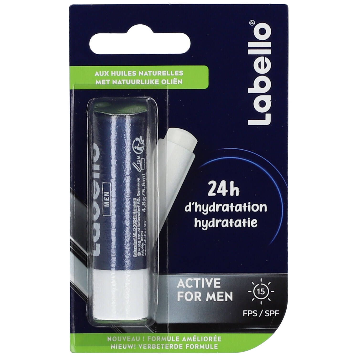 Labello Active for Men SPF15 en blister. Tube bleu, embout blanc. Inscription et SPF15 visibles.
