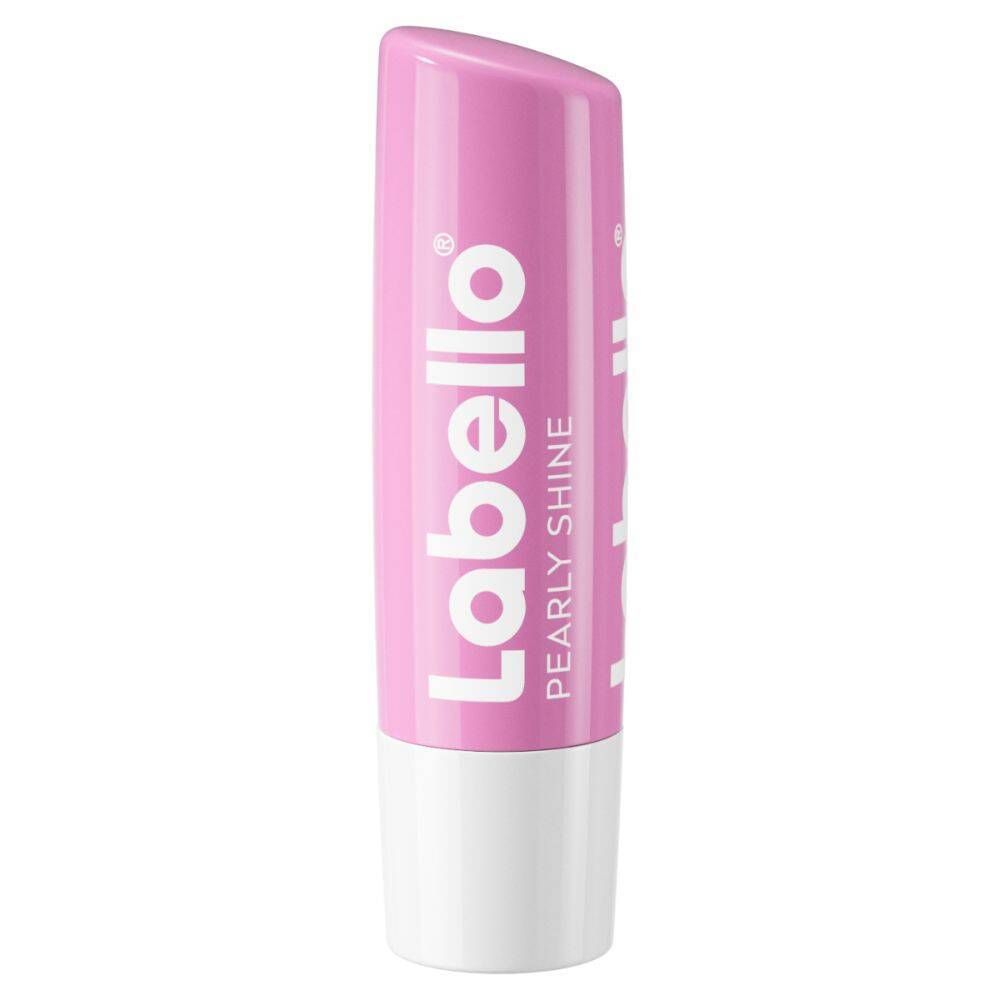 Stick Labello® Pearly Shine, rose et blanc. Inscription Labello et Pearly Shine.