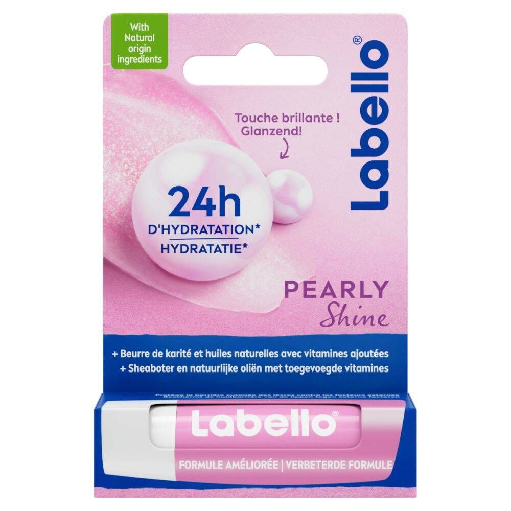 Stick Labello® Pearly Shine dans son emballage. Emballage rose avec image du produit et inscription Labello.