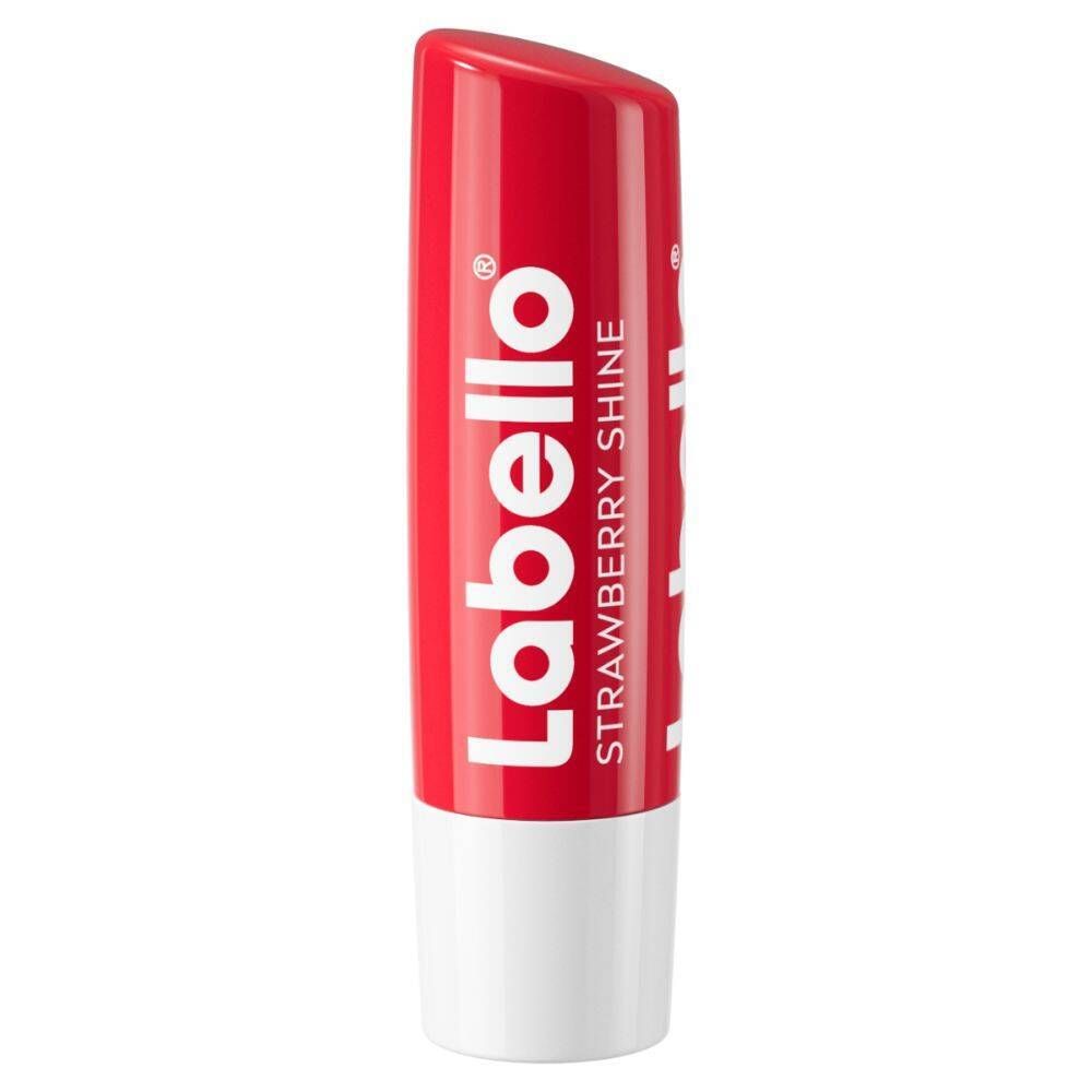 Labello Strawberry Shine lippenbalsem. Rode stick met witte basis. Labello-logo en productnaam zichtbaar.