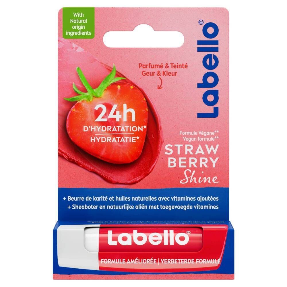 Verpakking van Labello Strawberry Shine. Rode kaart met product en aardbei. Labello-logo, productnaam en tekst.