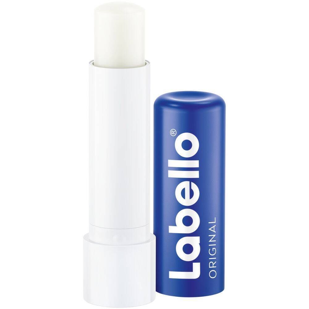 Stick de soin pour les lèvres, bâton blanc dans un étui blanc, capuchon bleu avec logo Labello.