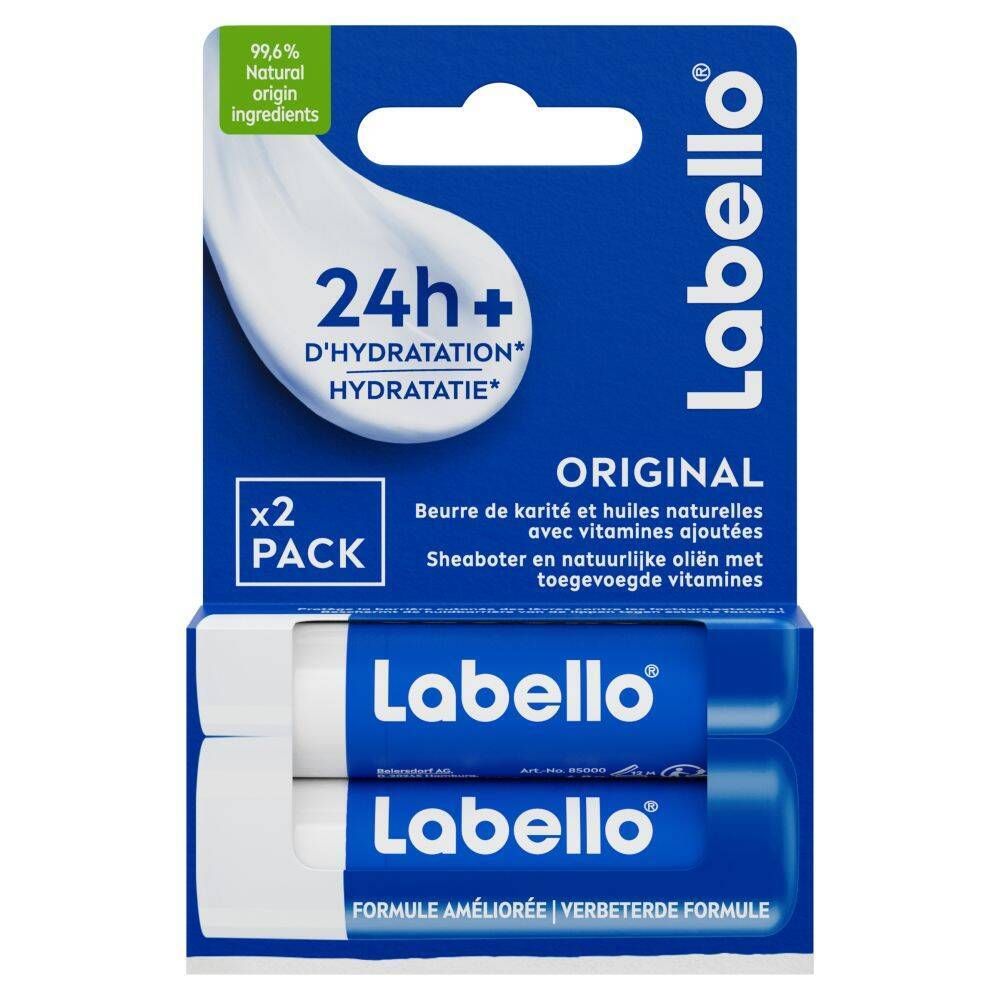 Pack de deux Labello Original. Deux sticks pour les lèvres dans un emballage blister. Emballage bleu avec informations.