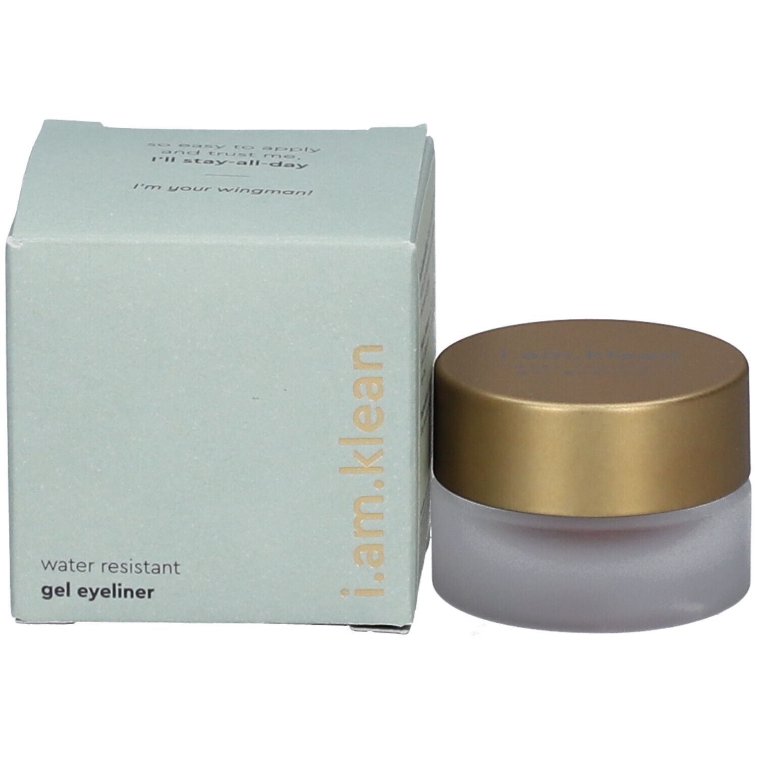 Produktverpackung mit Produkt. Hellgrüne Schachtel mit Produktnamen i.am.klean. Kleiner Tiegel mit goldfarbenem Deckel.