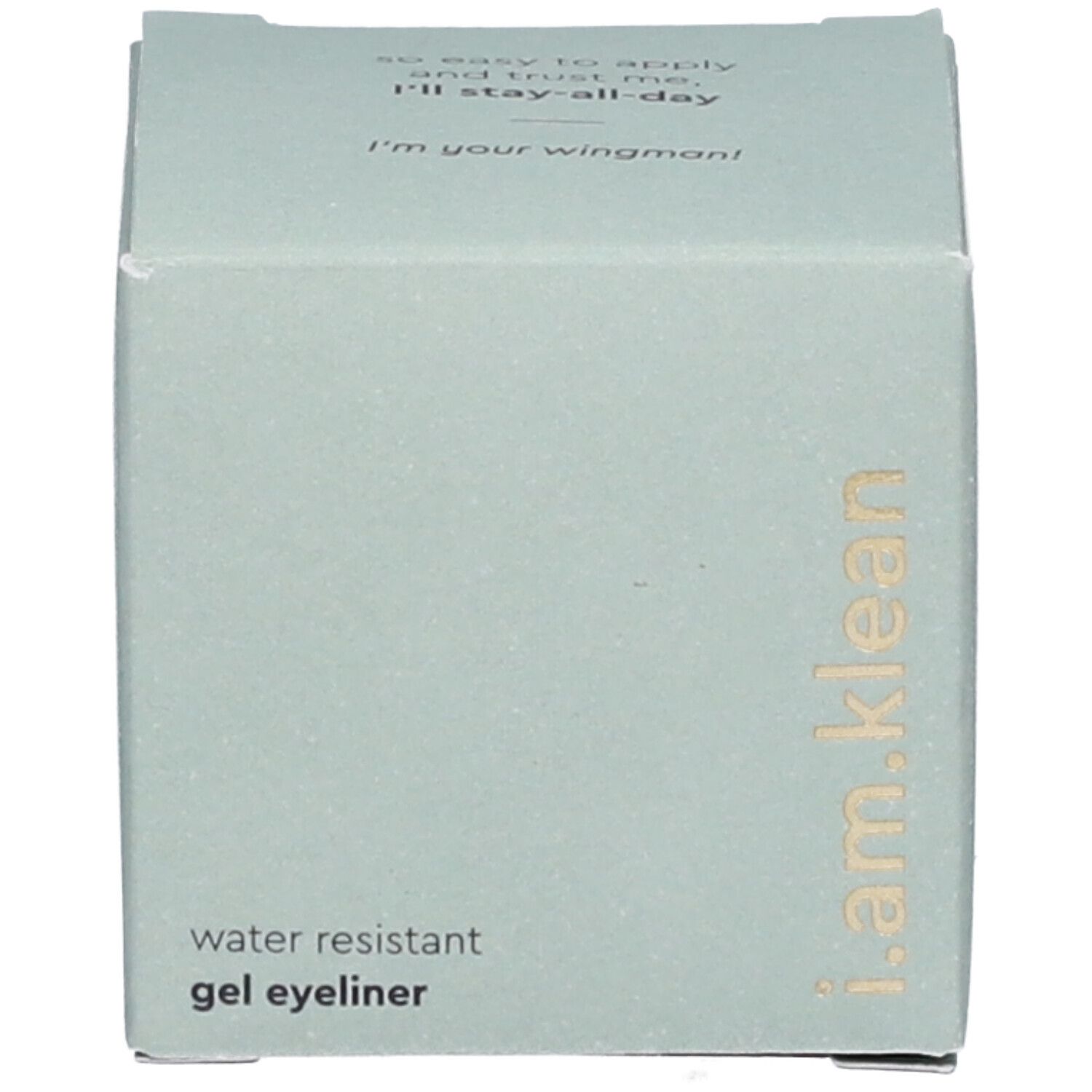 Hellgrüne Schachtel mit Produktnamen i.am.klean. Text: Water resistant gel eyeliner.
