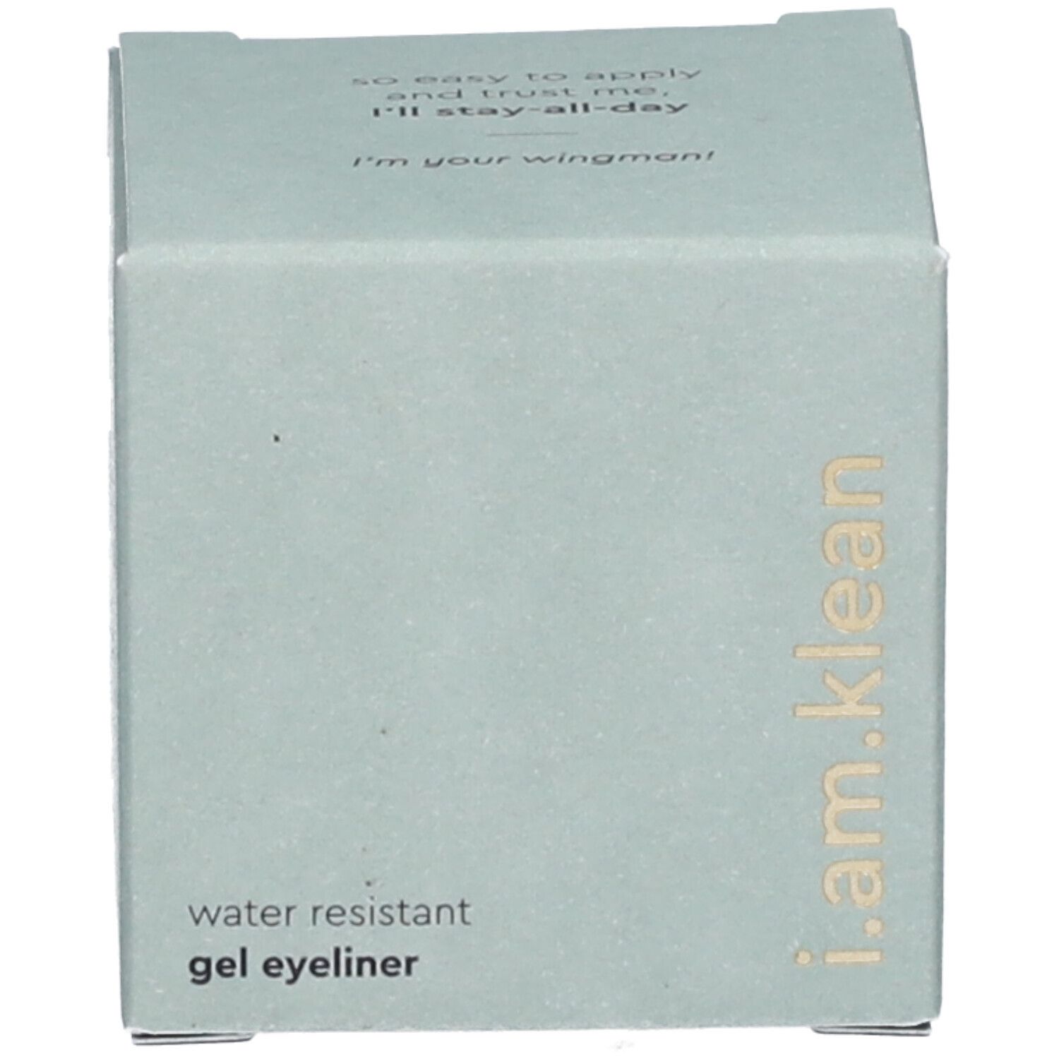 Hellgrüne Produktverpackung. Aufschrift: i.am.klean, Water Resistant Gel Eyeliner.
