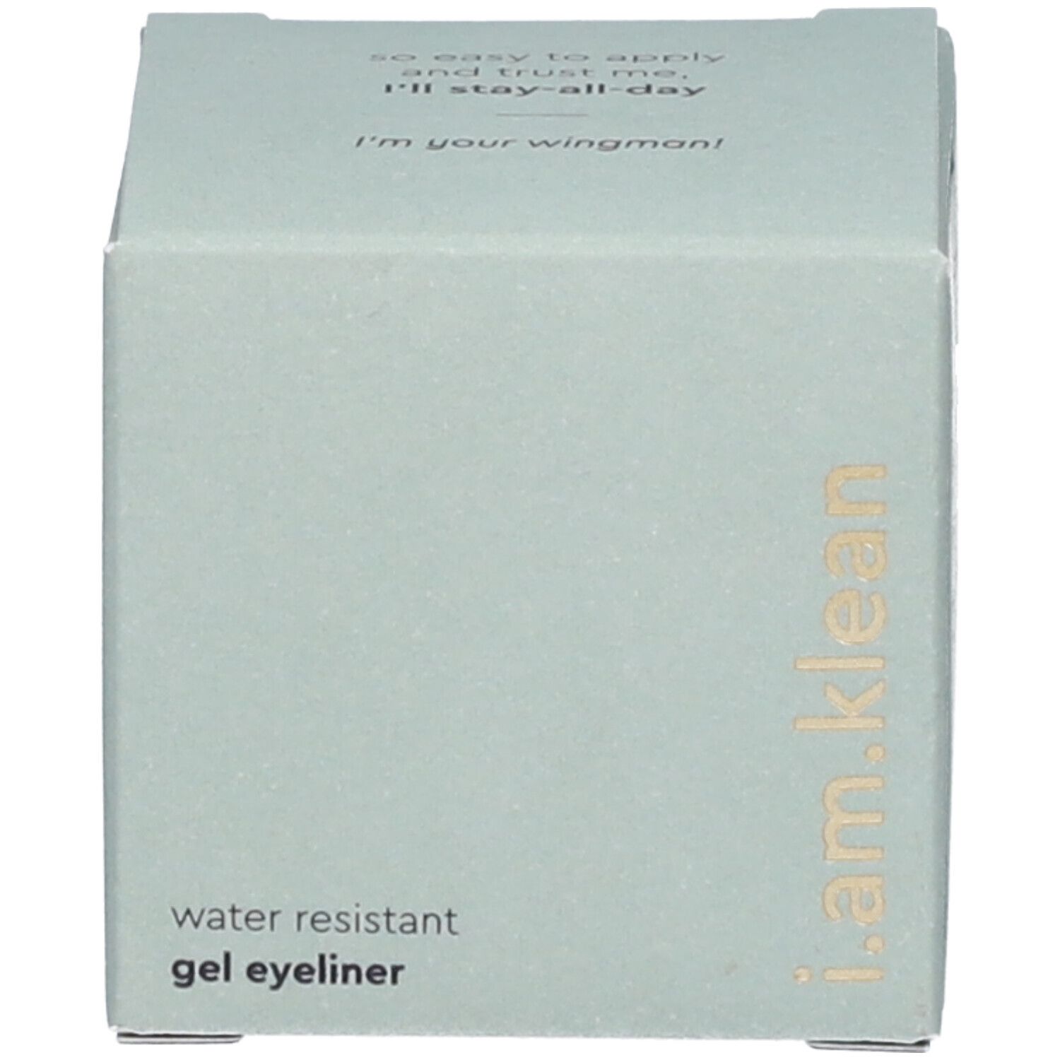 Rechteckige Schachtel mit Text: 'i.am.klean', 'water resistant gel eyeliner'. Hellgrüne Farbe.