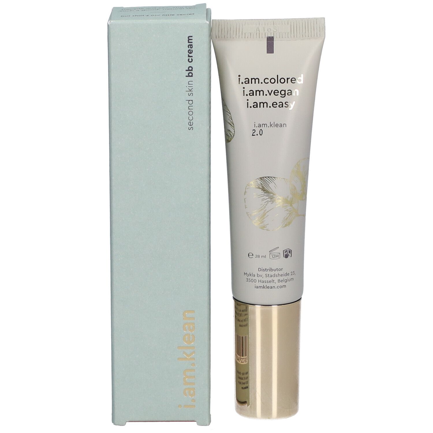 Creme-Tube und Schachtel. Aufschrift: i.am.klean, second skin bb cream, i.am.colored, i.am.vegan, i.am.easy.