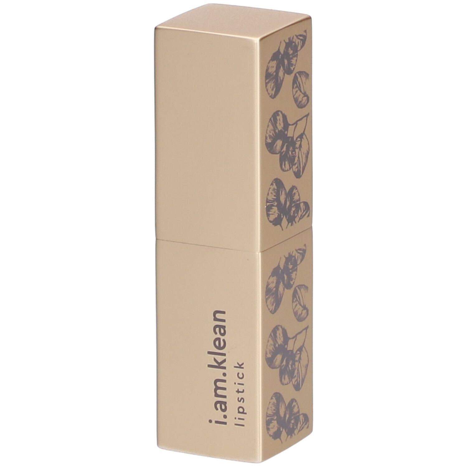 Gouden lippenstiftverpakking met paars bloemmotief. Opschrift: i.am.klean lipstick.