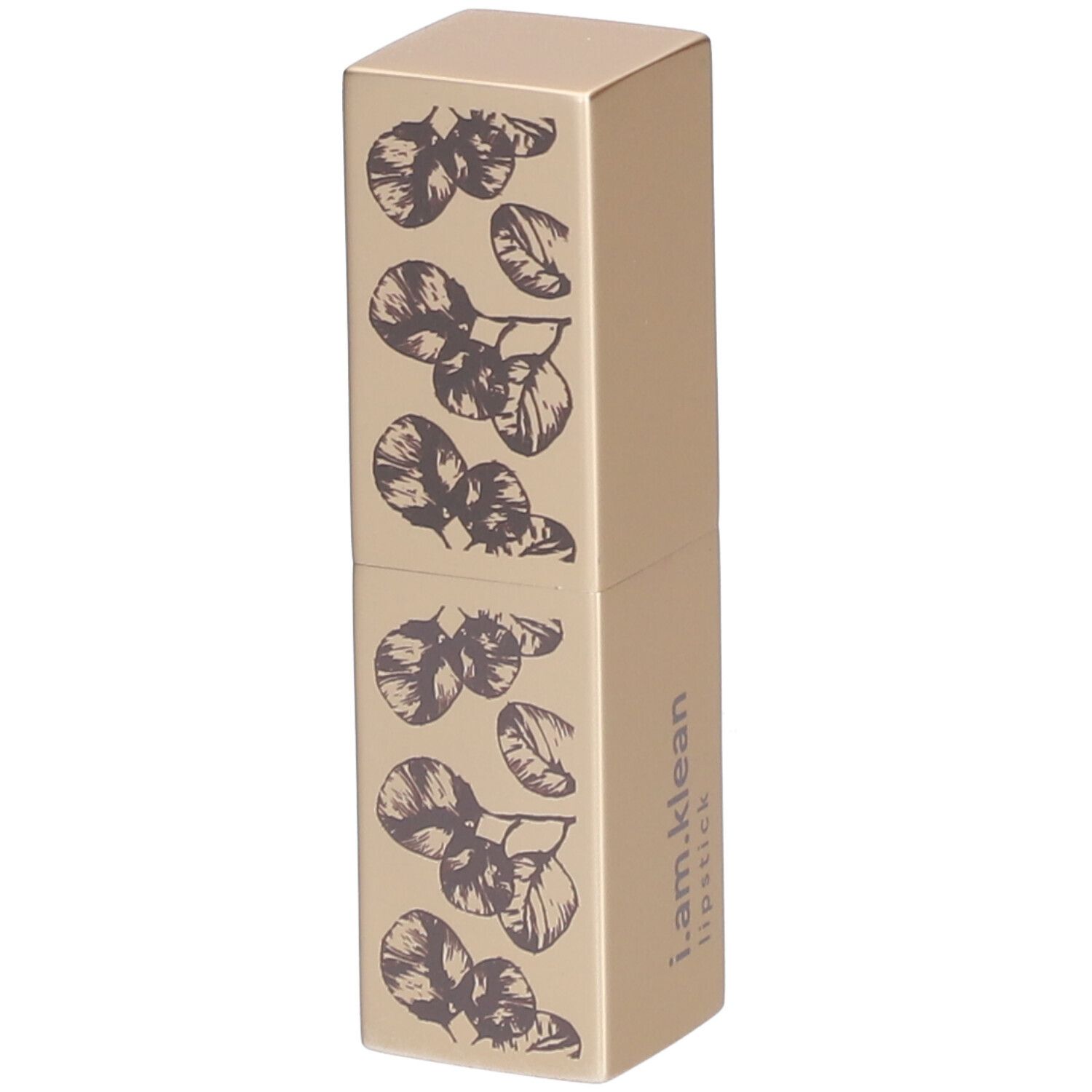 Gouden lippenstiftverpakking met paars bladerenmotief. Opschrift: i.am.klean lipstick.