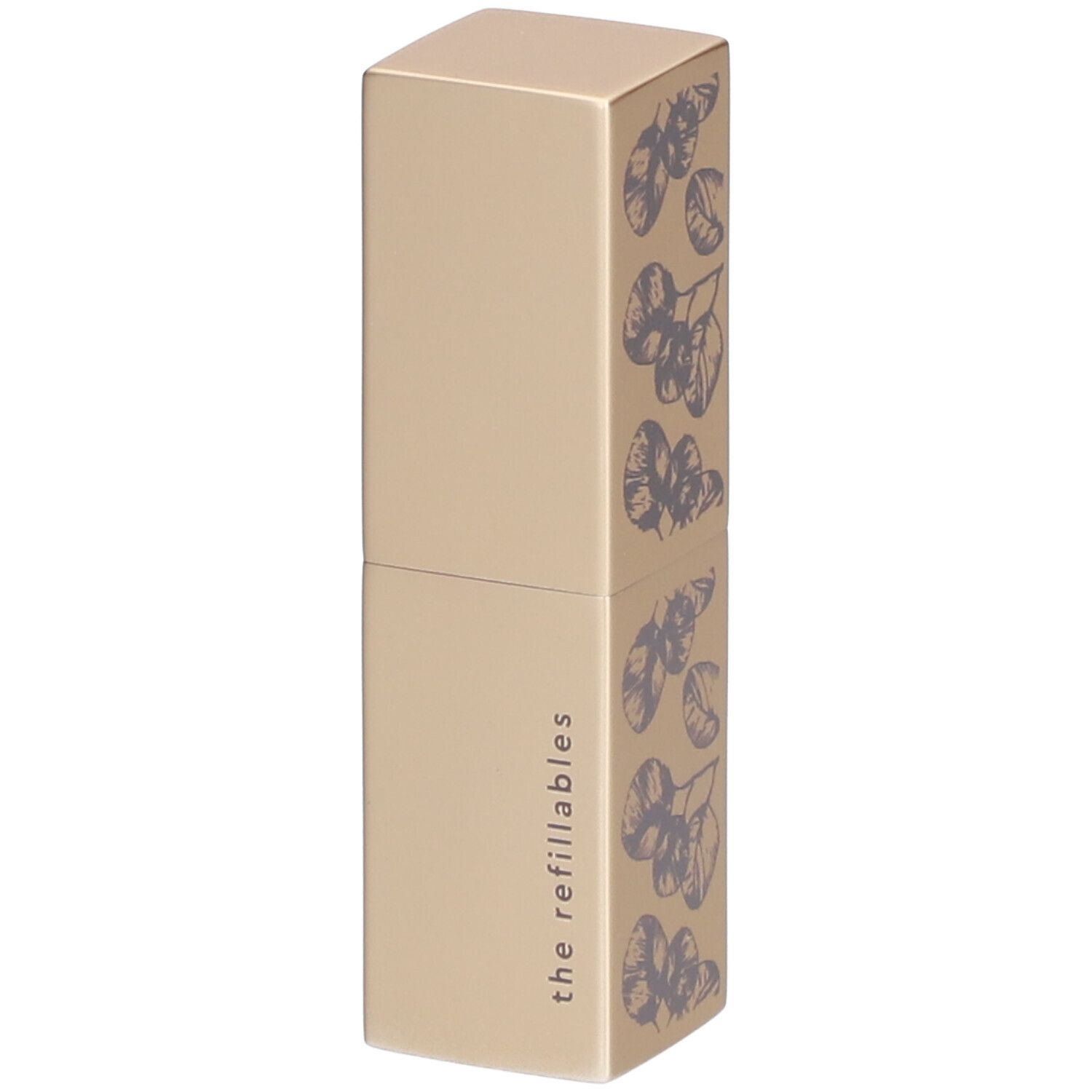 Gouden lippenstiftverpakking met paars bloemmotief. Opschrift: the refillables.