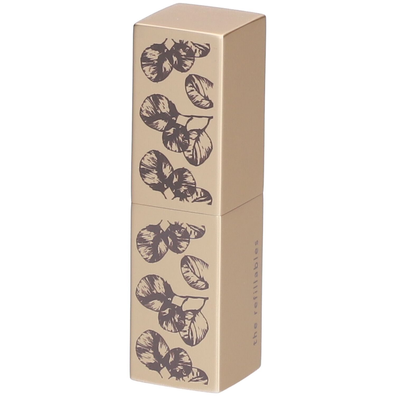 Gouden lippenstiftverpakking met paars bladerenmotief. Opschrift: the refillables.