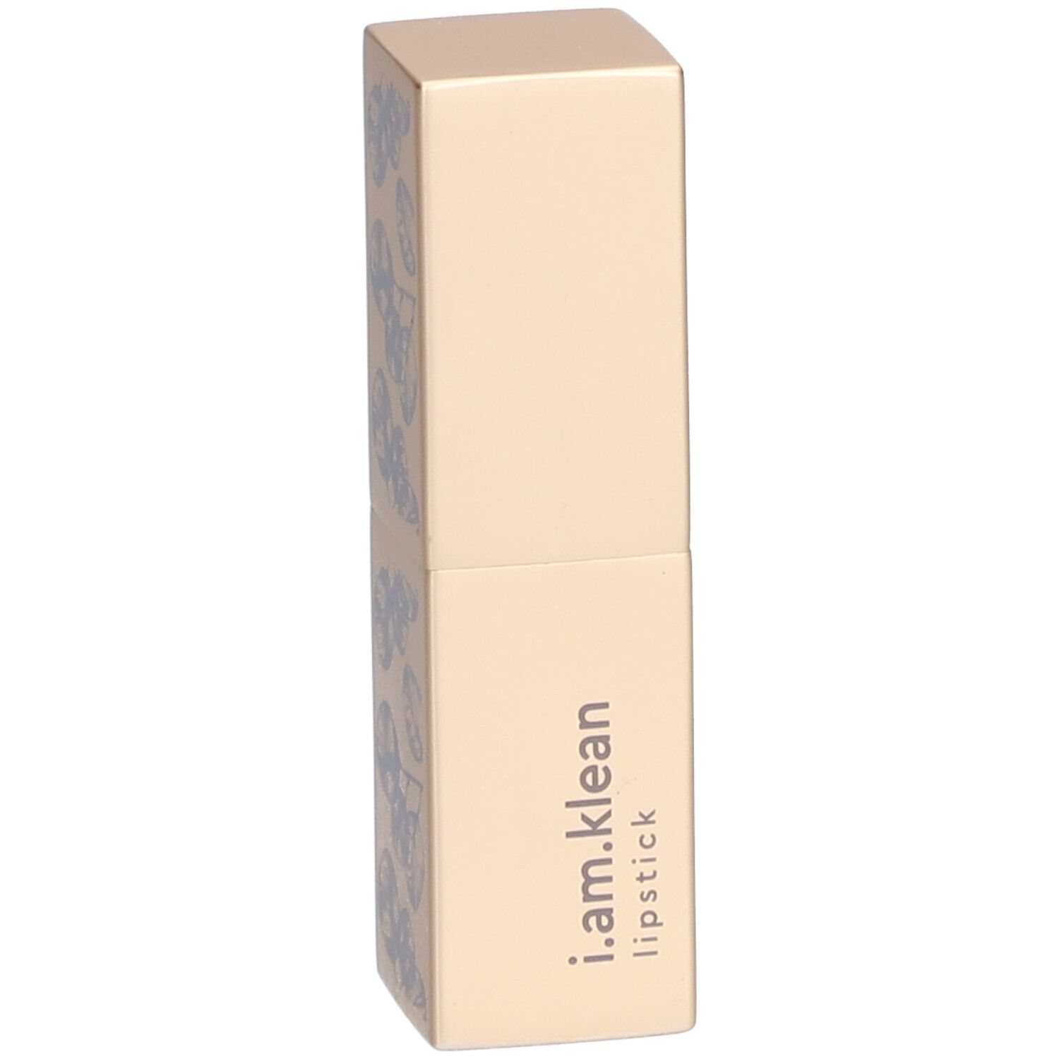 Gouden lippenstiftverpakking met blauw bloemmotief. Opschrift: i.am.klean lipstick.