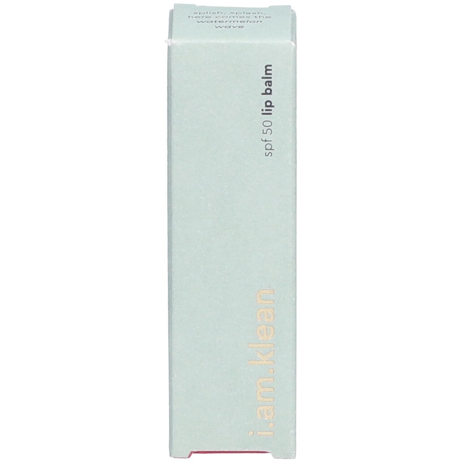 Lichtgroene verpakking voor lippenbalsem. Opschrift: i.am.klean, spf 50 lip balm, Watermelonwave.