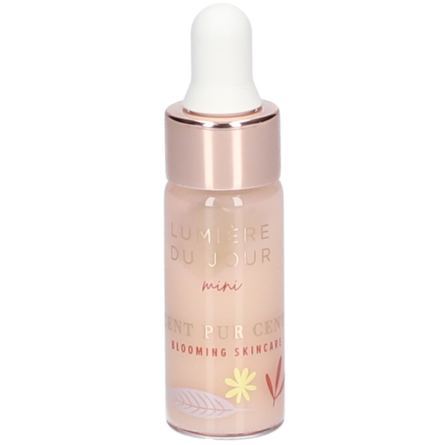 Klein flesje met pipet. Opschrift: Lumière du Jour mini, Cent Pur Cent Blooming Skincare. Met bloemenillustraties.