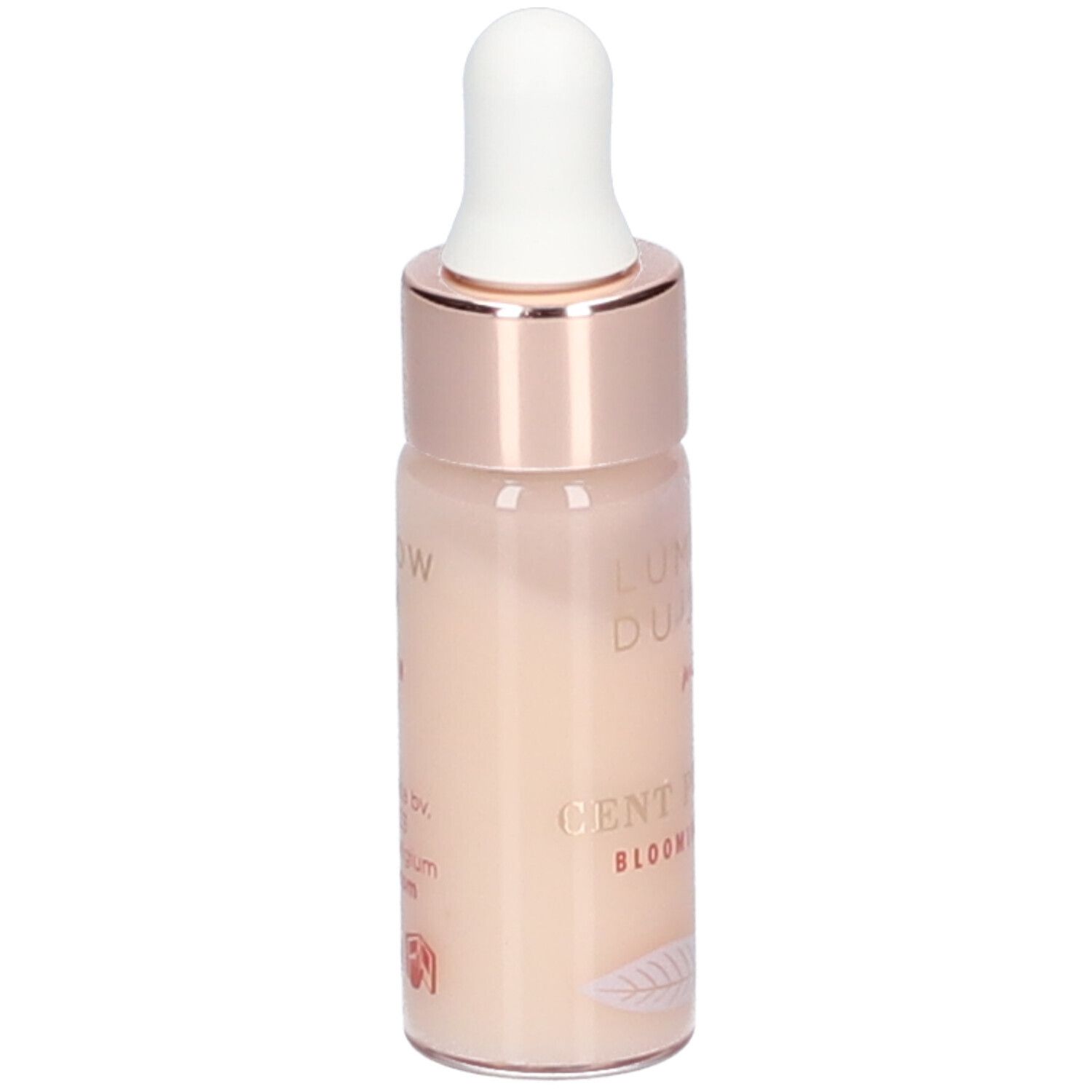 Klein flesje met pipet. Opschrift: Lumière du Jour, Cent Pur Cent Blooming Skincare. Met bloemenillustraties.