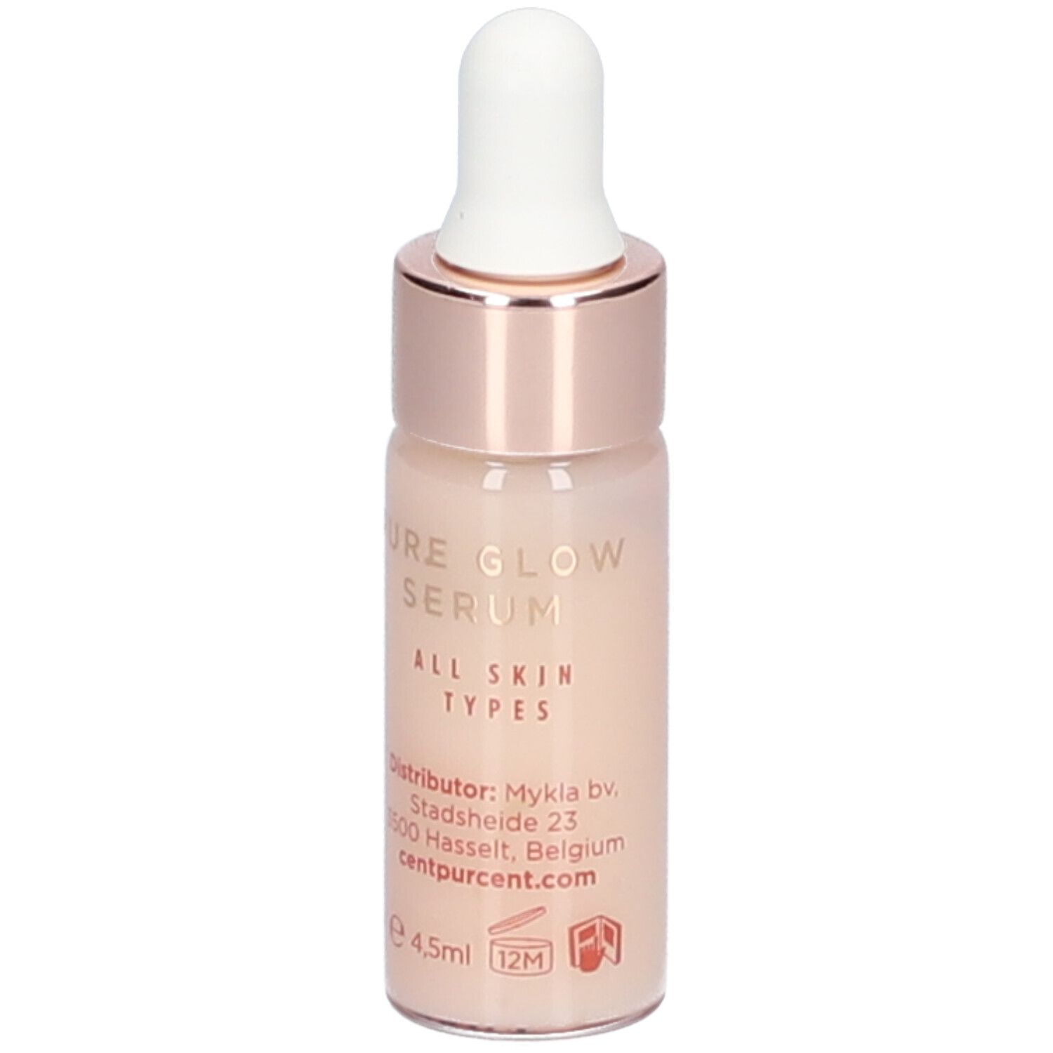 Klein flesje met pipet. Opschrift: Pure Glow Serum, All Skin Types. Met adres en 4,5ml. 12M-symbool.