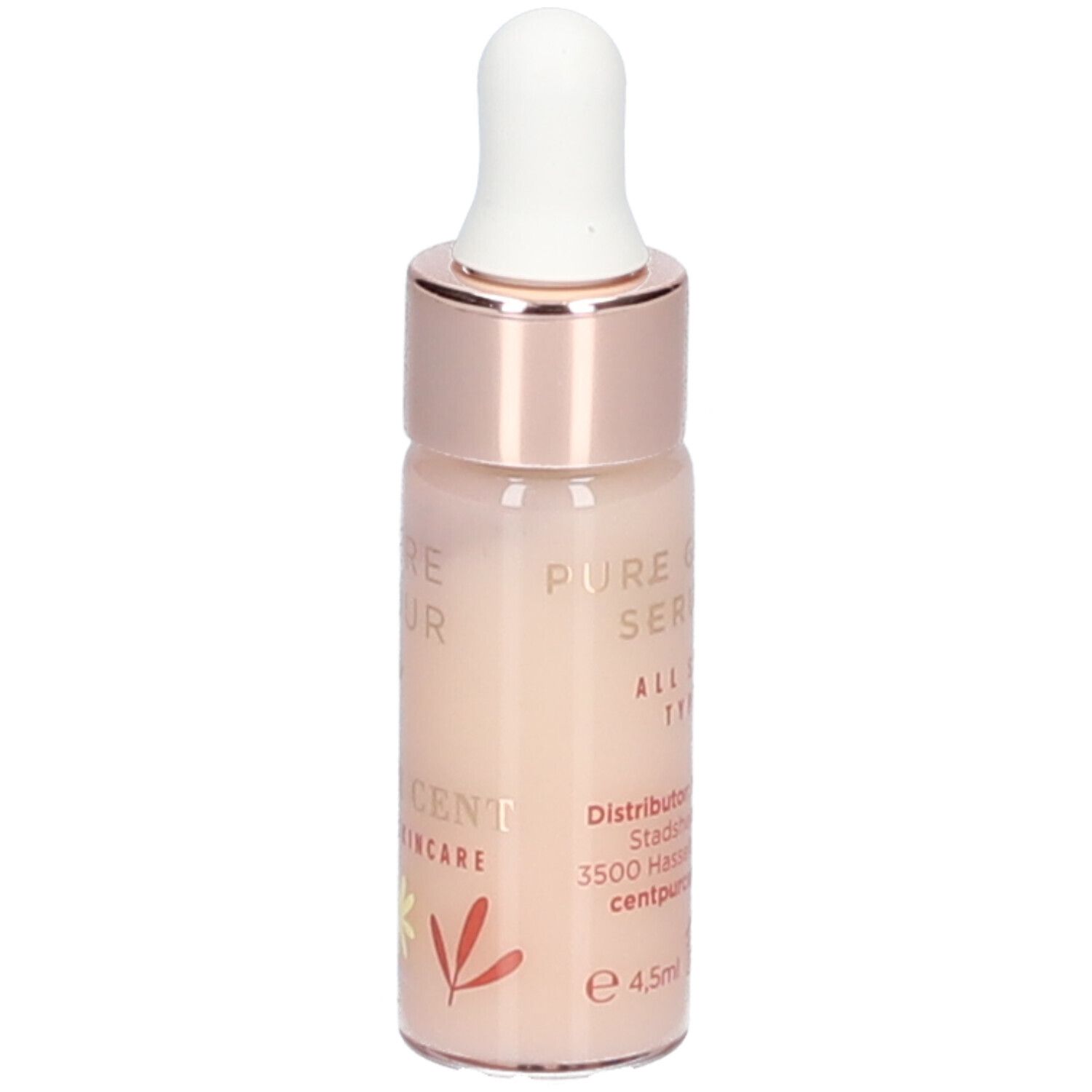 Klein flesje met pipet. Opschrift: Pure Glow Serum, Cent Pur Cent Skincare. Met adres en 4,5ml.