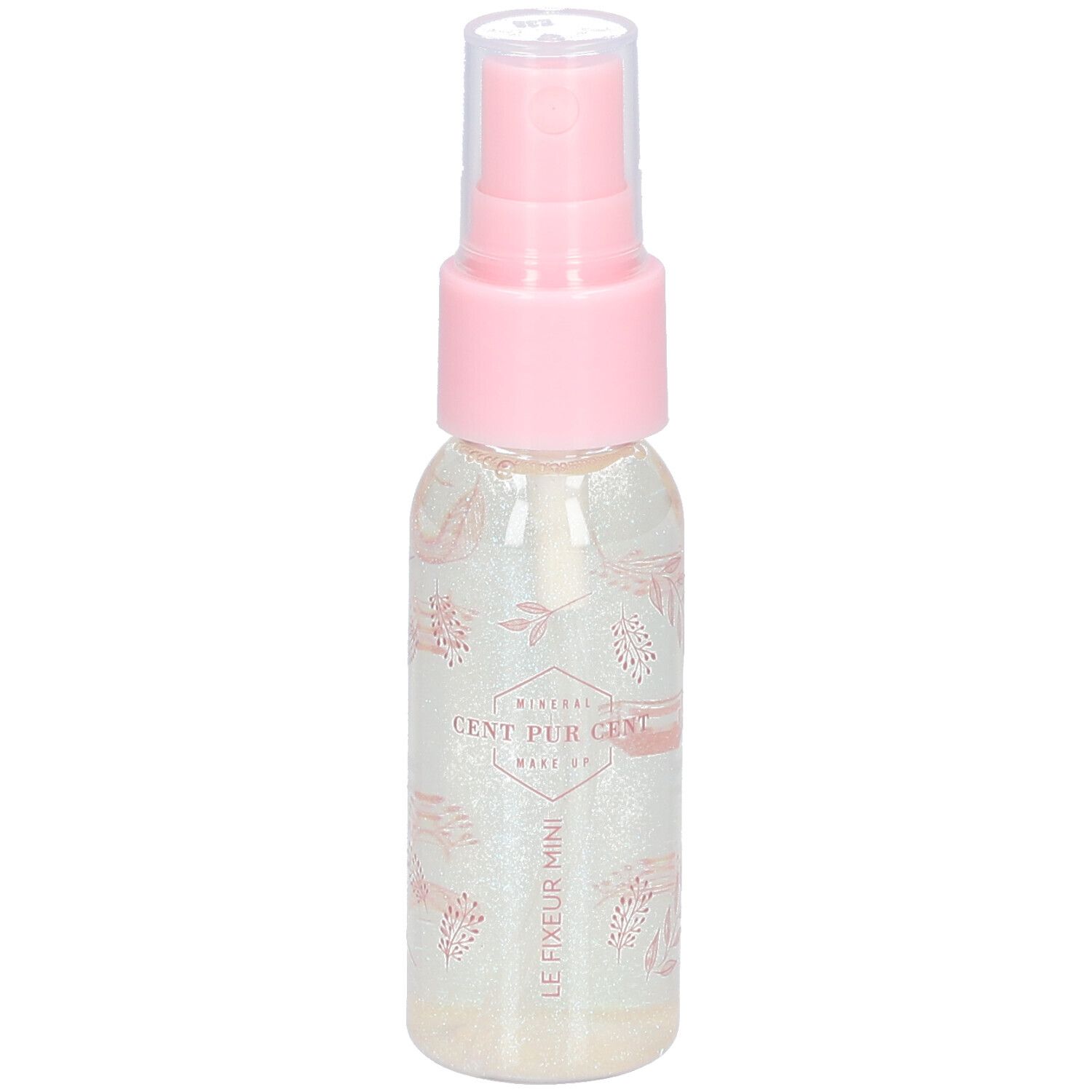 Flacon vaporisateur transparent avec tête rose. Inscription : CENT PUR CENT MAKE UP. LE FIXEUR MINI.